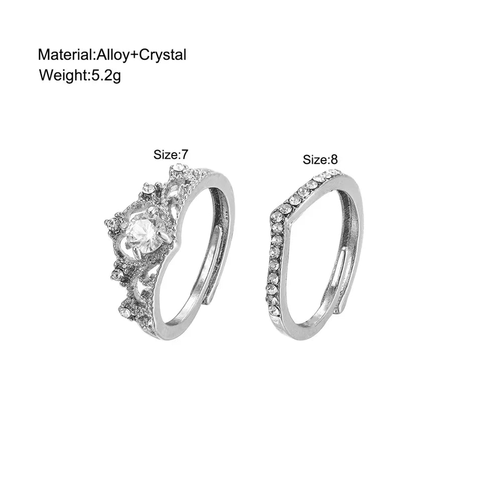 Fairy Sparkling Crown Ring Set – 2PC Adjustable Crystal Korean Party Rings