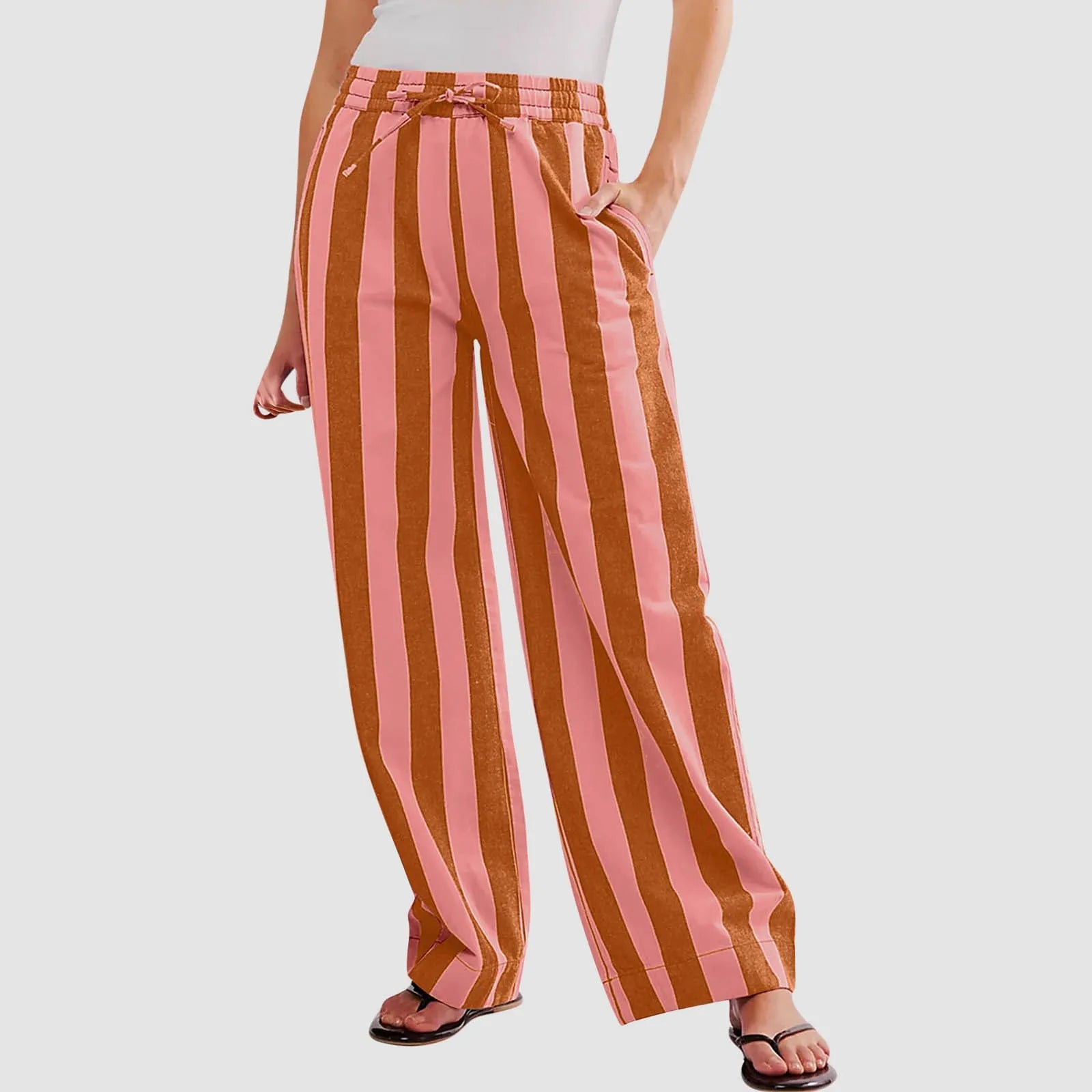 Women’s Striped High Waist Wide Leg Palazzo Pants – Color Block Lounge Trousers