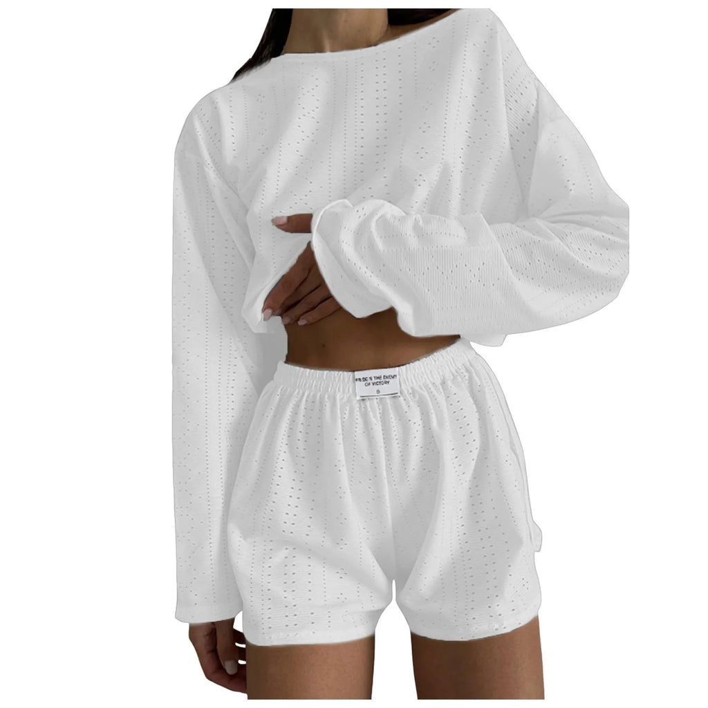 Women’s 2-Piece Casual Shorts Set – O-Neck Long Sleeve Lounge Co-ord Outfit