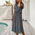 Women’s Polka Dot Button Summer Dress – Drawstring High Waist Knee Length