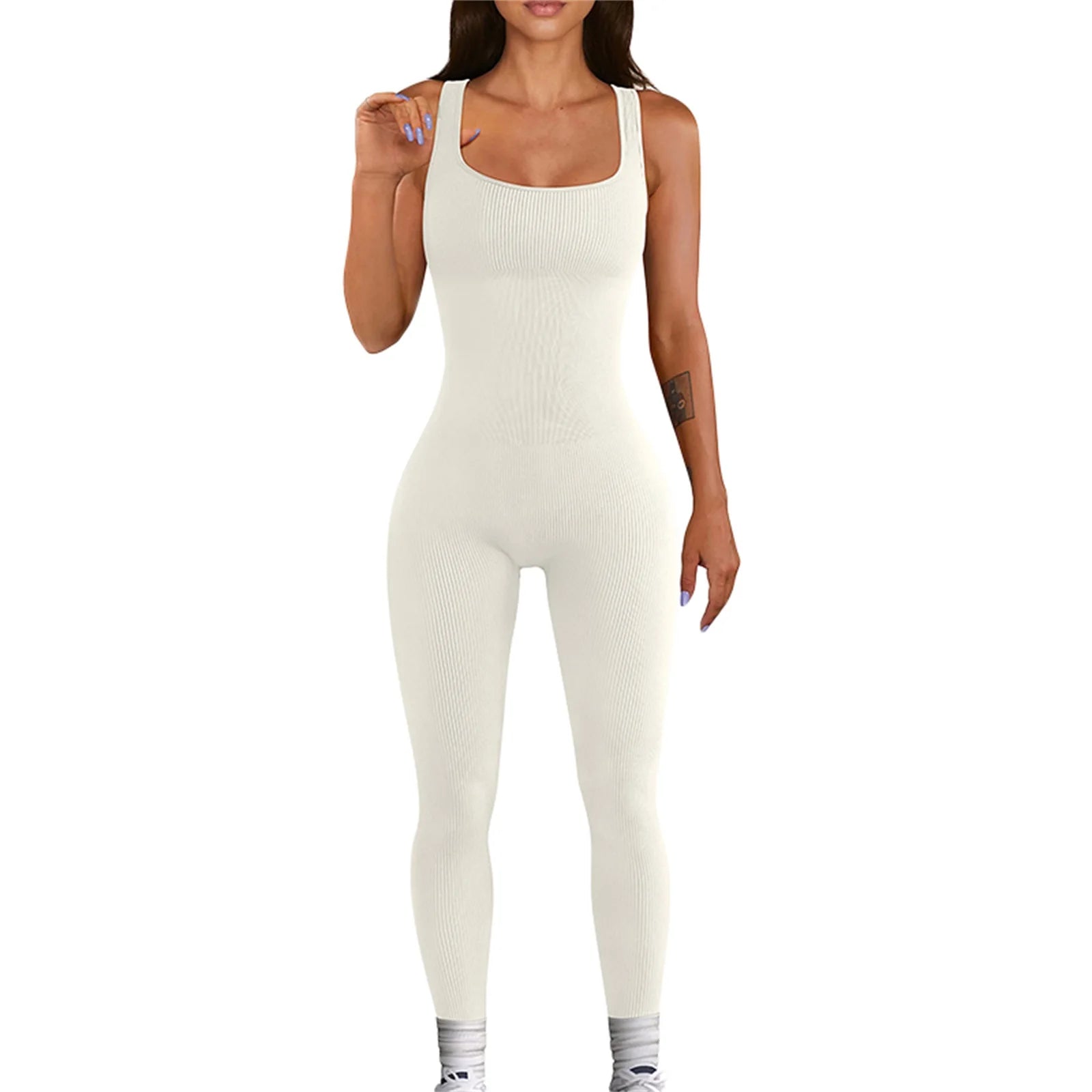 Women’s Sleeveless Bodycon Jumpsuit – Diamond Accent U-Neck Clubwear Romper