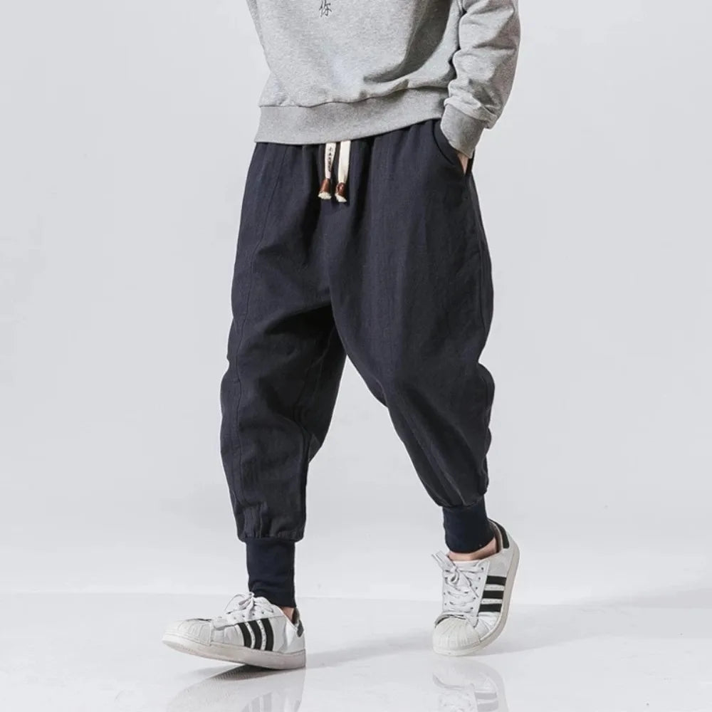 Men’s Cotton Linen Harem Jogger Pants – Baggy Drop-Crotch Streetwear Trousers