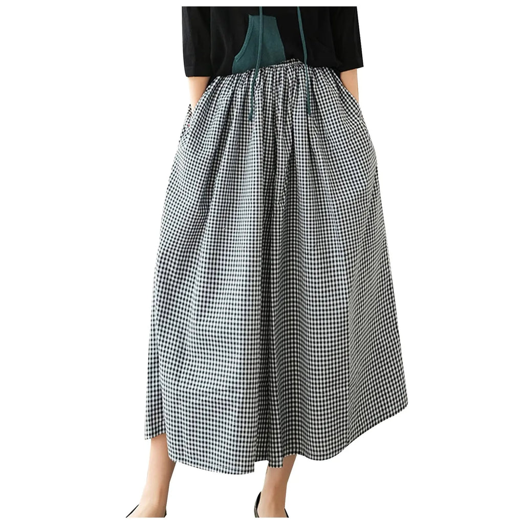 Women’s High Waist Checkered Wide Leg Culotte Pants – A-Line Pocket Trousers