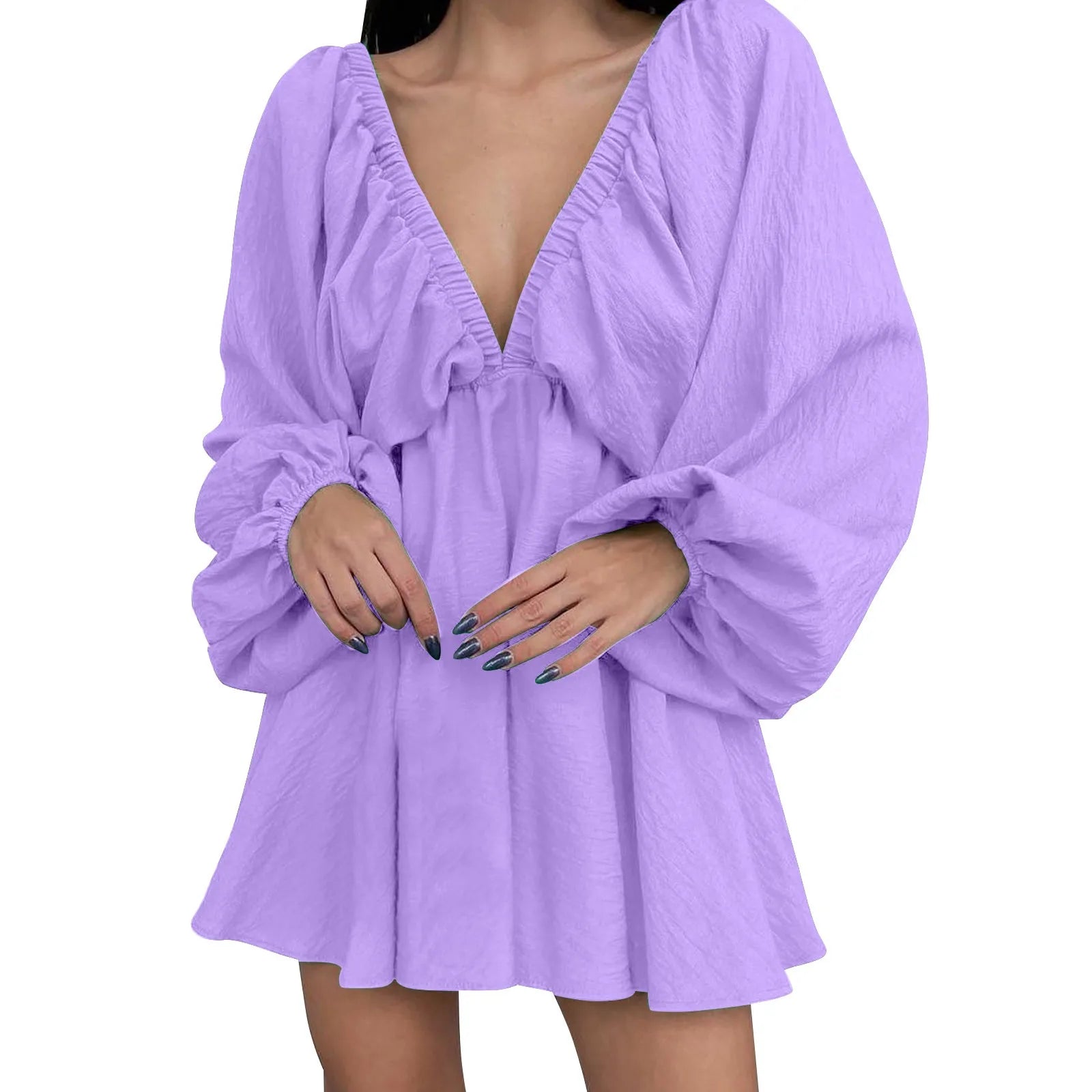 Women’s Deep V-Neck Pleated Wrap Dress – Elegant Long Sleeve Solid Casual