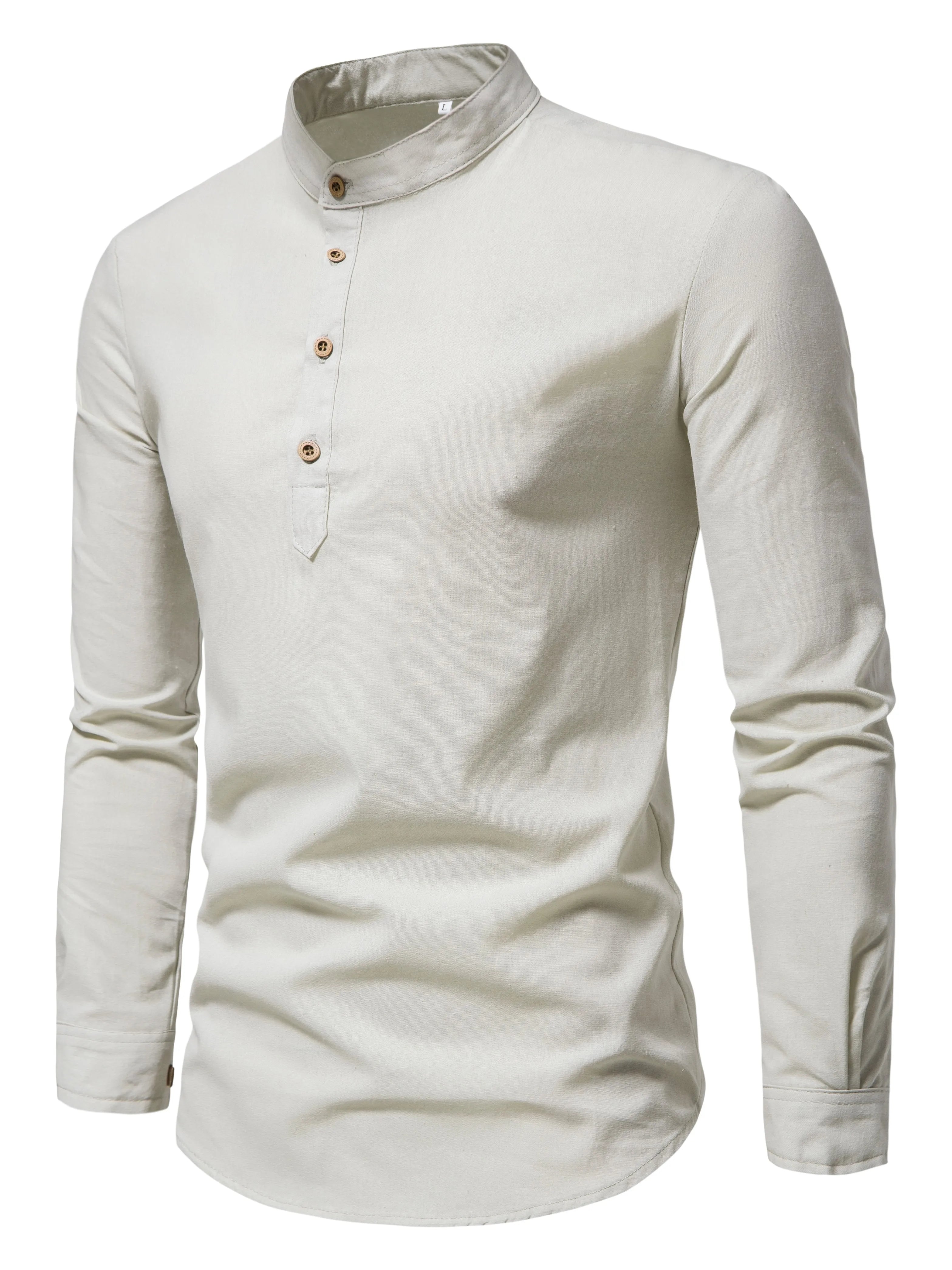Men's Pure Cotton Slim Fit Stand Collar Shirt – Elegant Long Sleeve Spring Top