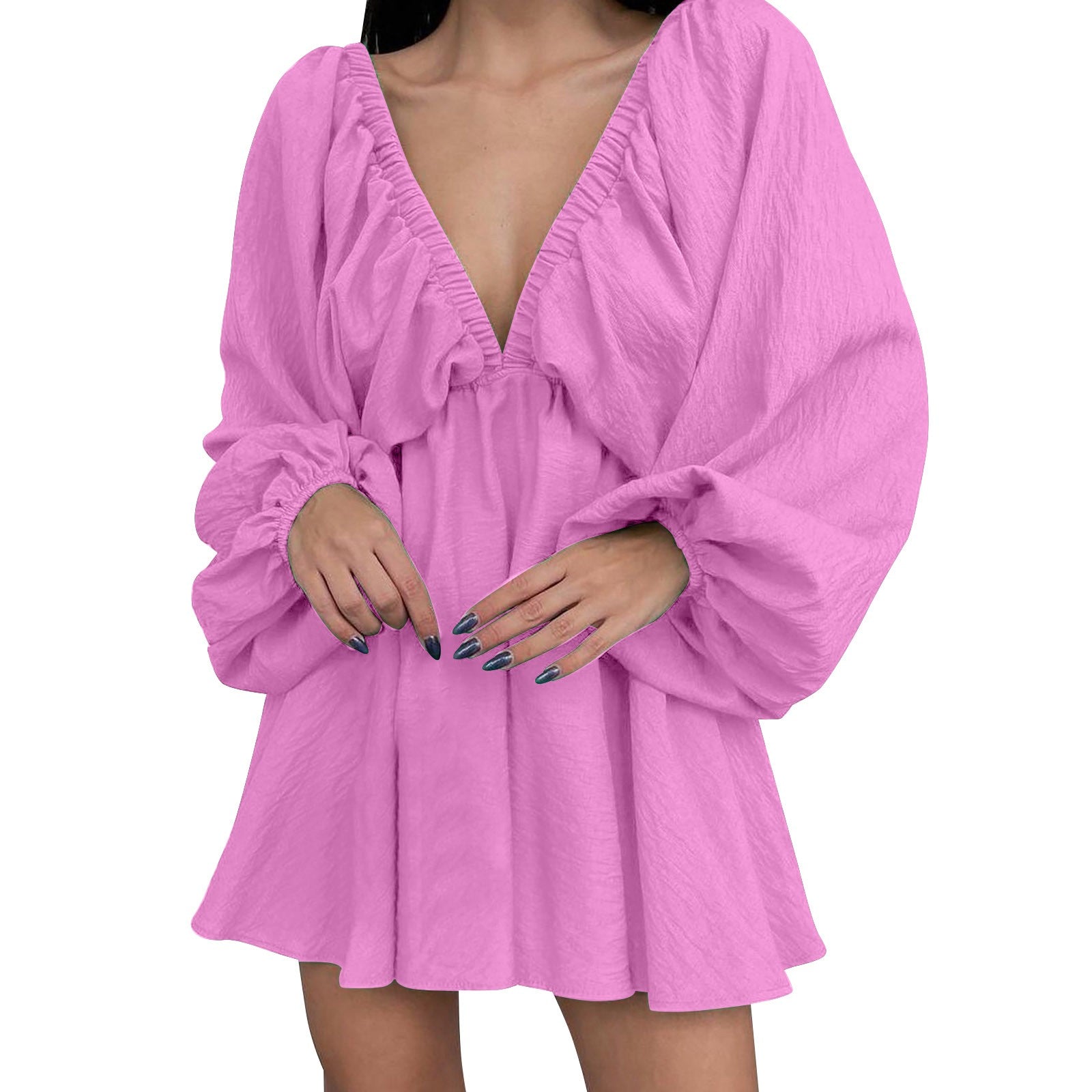 Women’s Deep V-Neck Pleated Wrap Dress – Elegant Long Sleeve Solid Casual