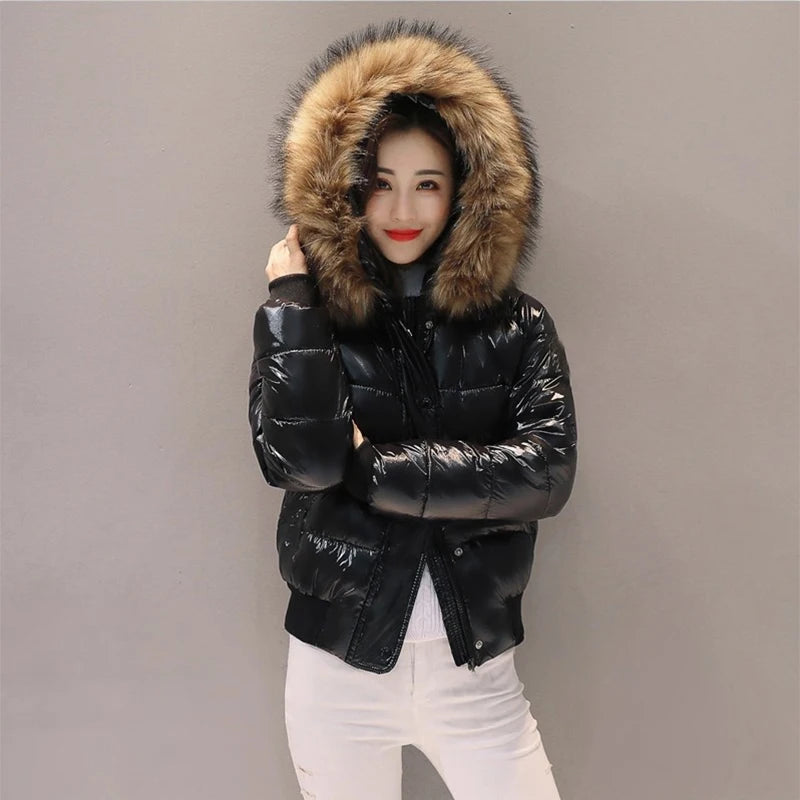Waterproof Faux Fur Hooded Parka – Glossy Short Outerwear, European Black for Autumn & Winter