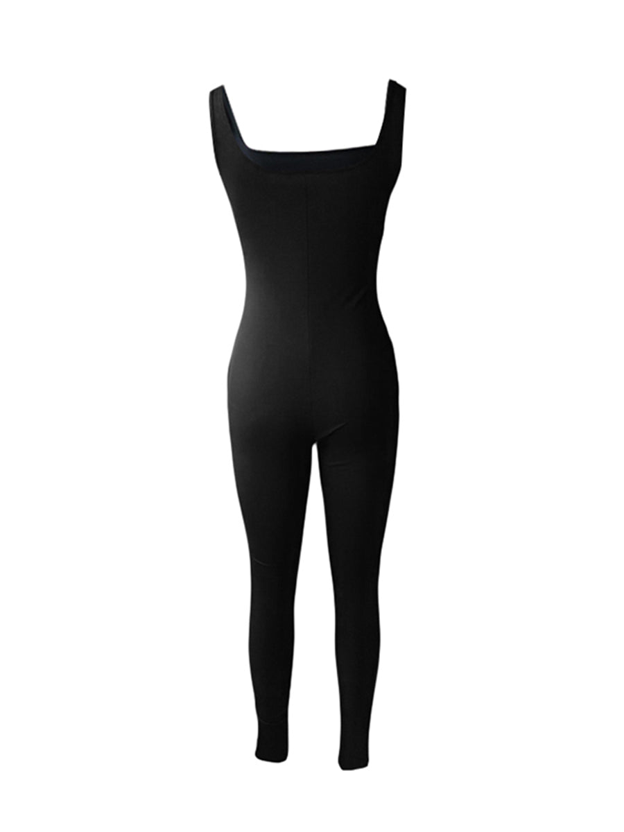 Women’s Sleeveless Bodycon Jumpsuit – Diamond Accent U-Neck Clubwear Romper