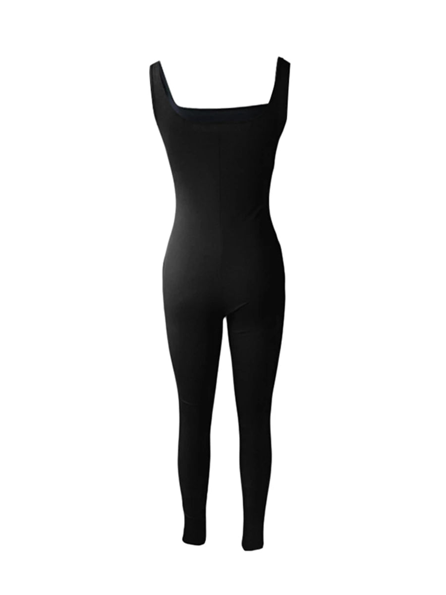 Women’s Sleeveless Bodycon Jumpsuit – Diamond Accent U-Neck Clubwear Romper