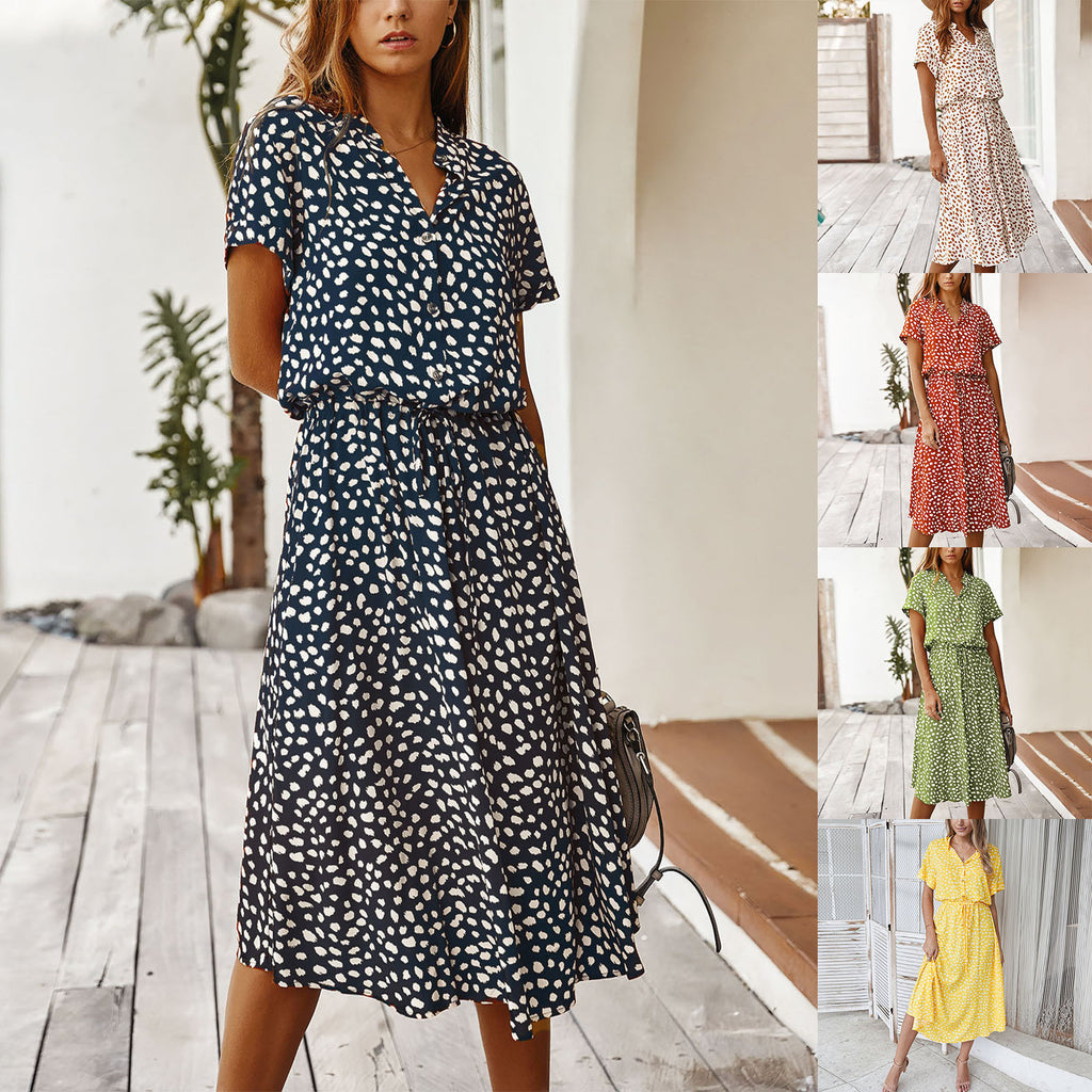 Women’s Polka Dot Button Summer Dress – Drawstring High Waist Knee Length