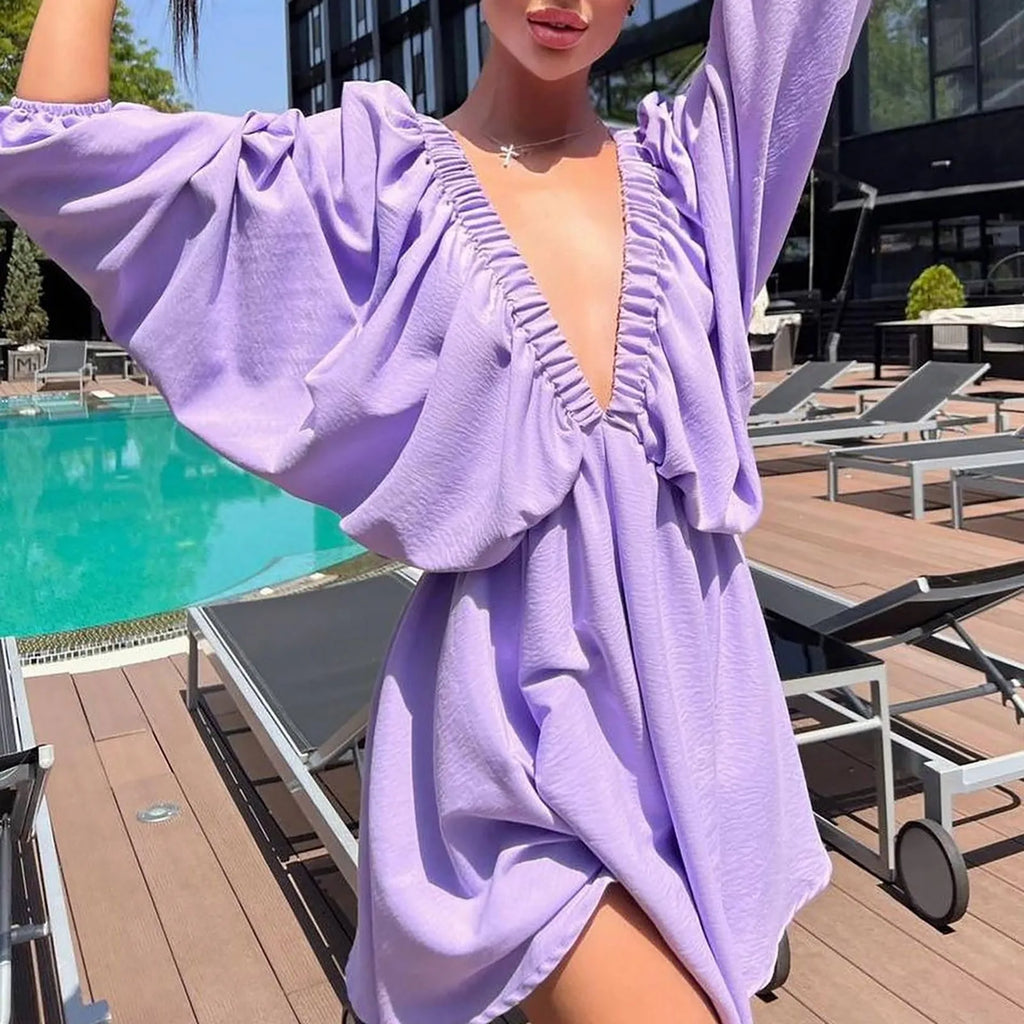 Women’s Deep V-Neck Pleated Wrap Dress – Elegant Long Sleeve Solid Casual