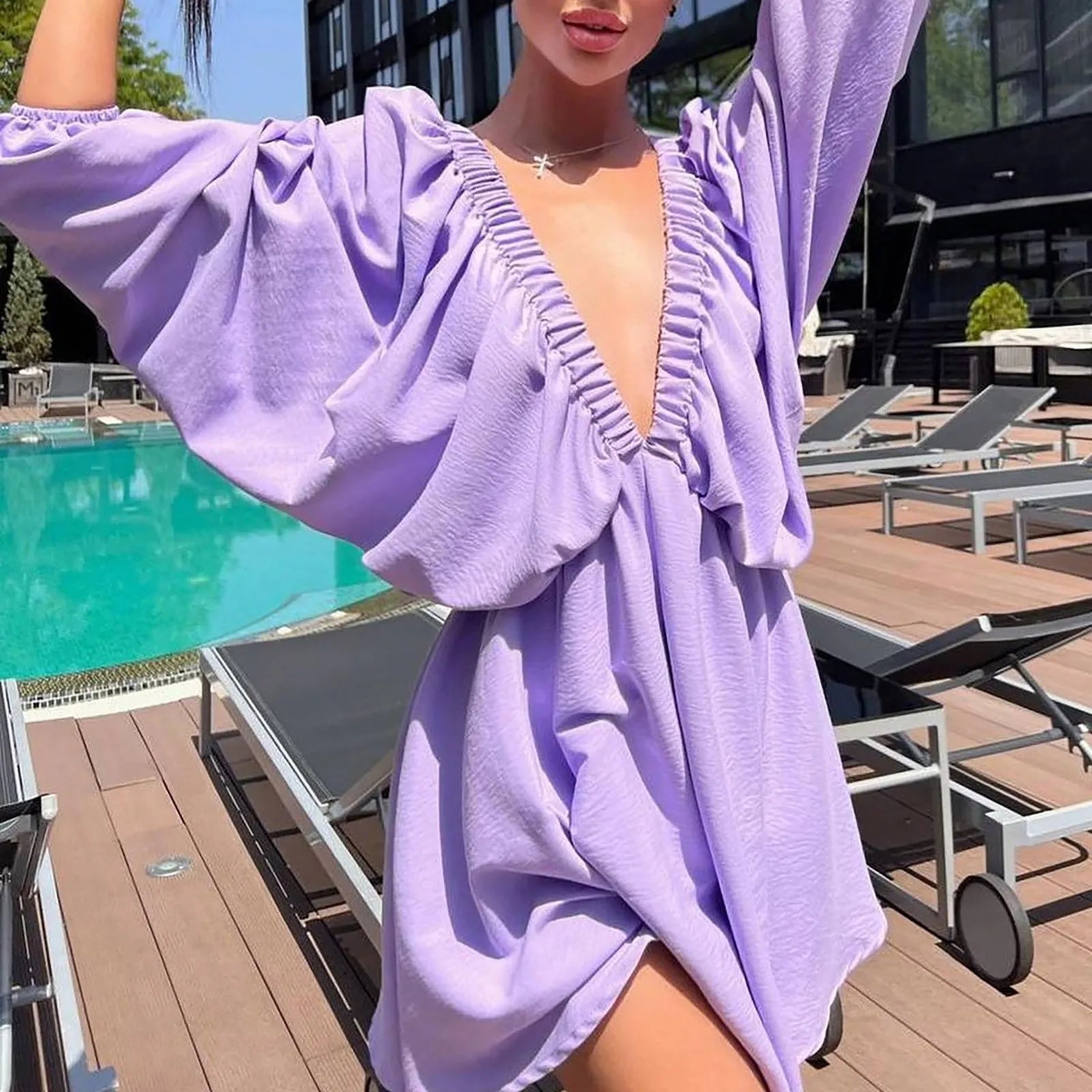 Women’s Deep V-Neck Pleated Wrap Dress – Elegant Long Sleeve Solid Casual