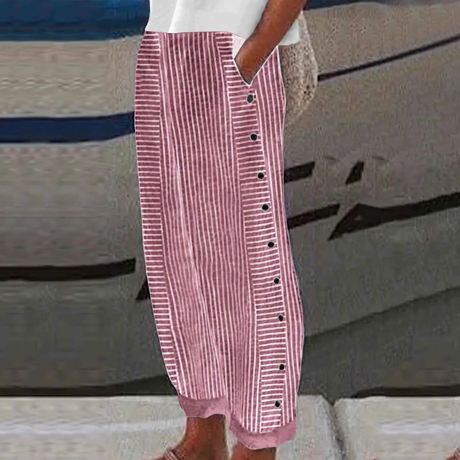 Women's Linen Wide Leg Pants – Striped High Waist Button Casual Yoga Trousers