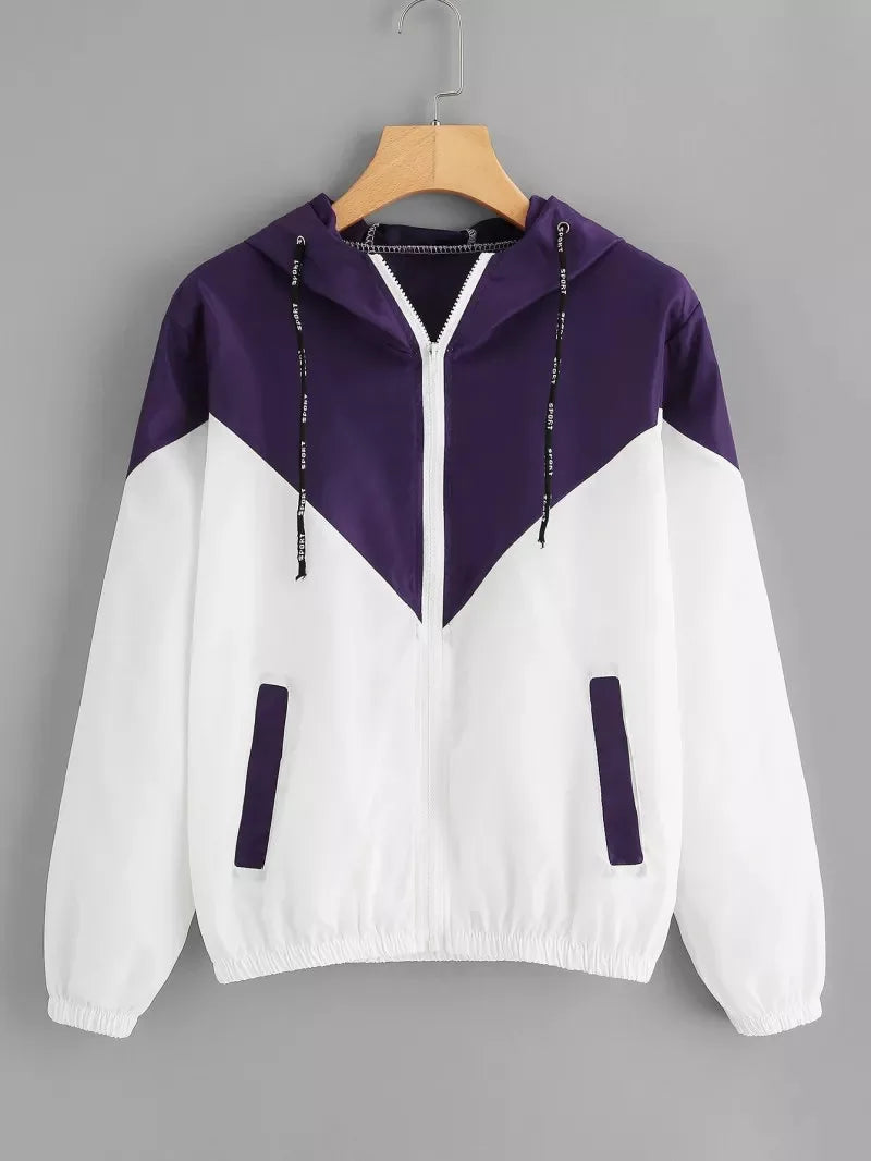 Hooded Patchwork Running Jacket – Lightweight Zip-Up Sport Outwear Coat