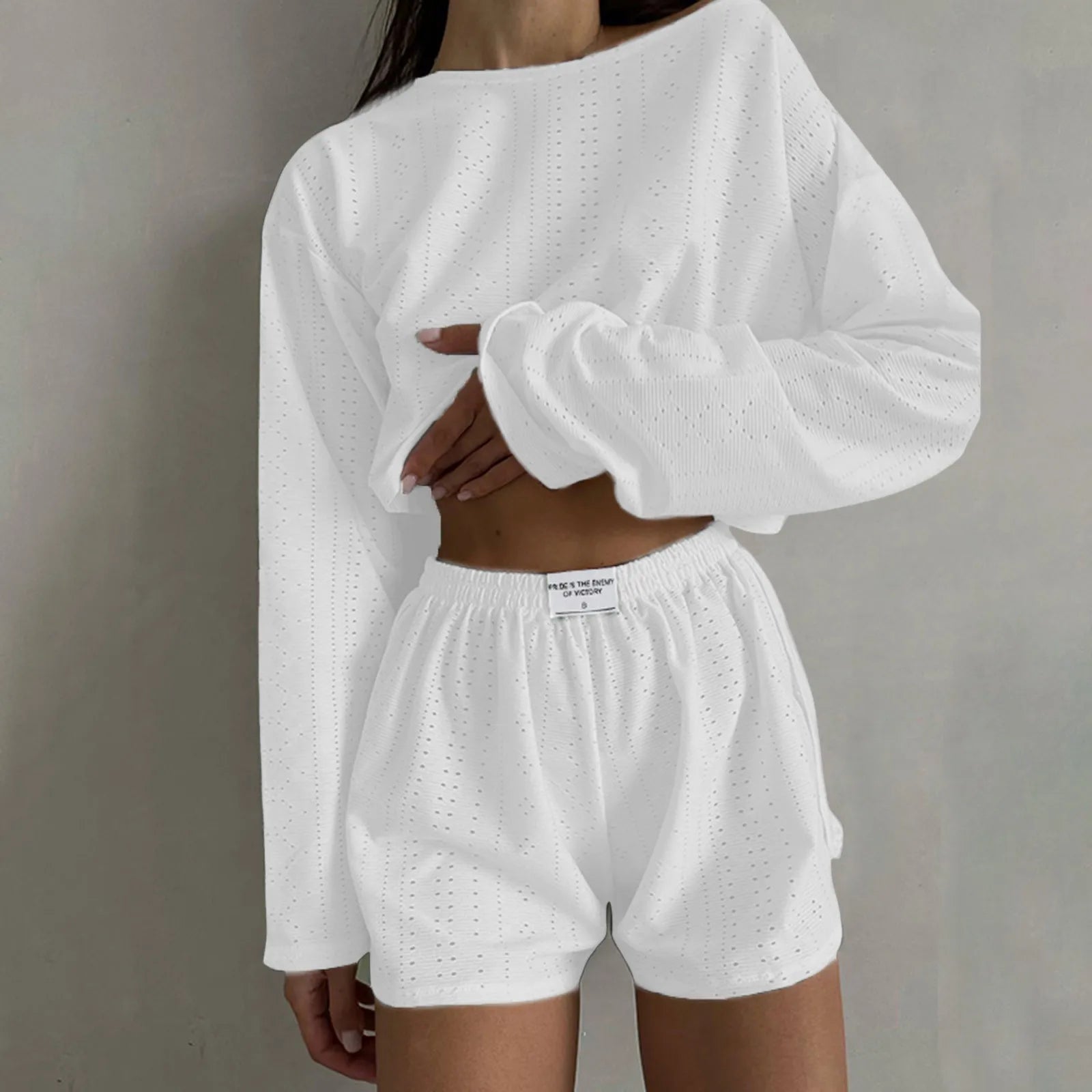 Women’s 2-Piece Casual Shorts Set – O-Neck Long Sleeve Lounge Co-ord Outfit