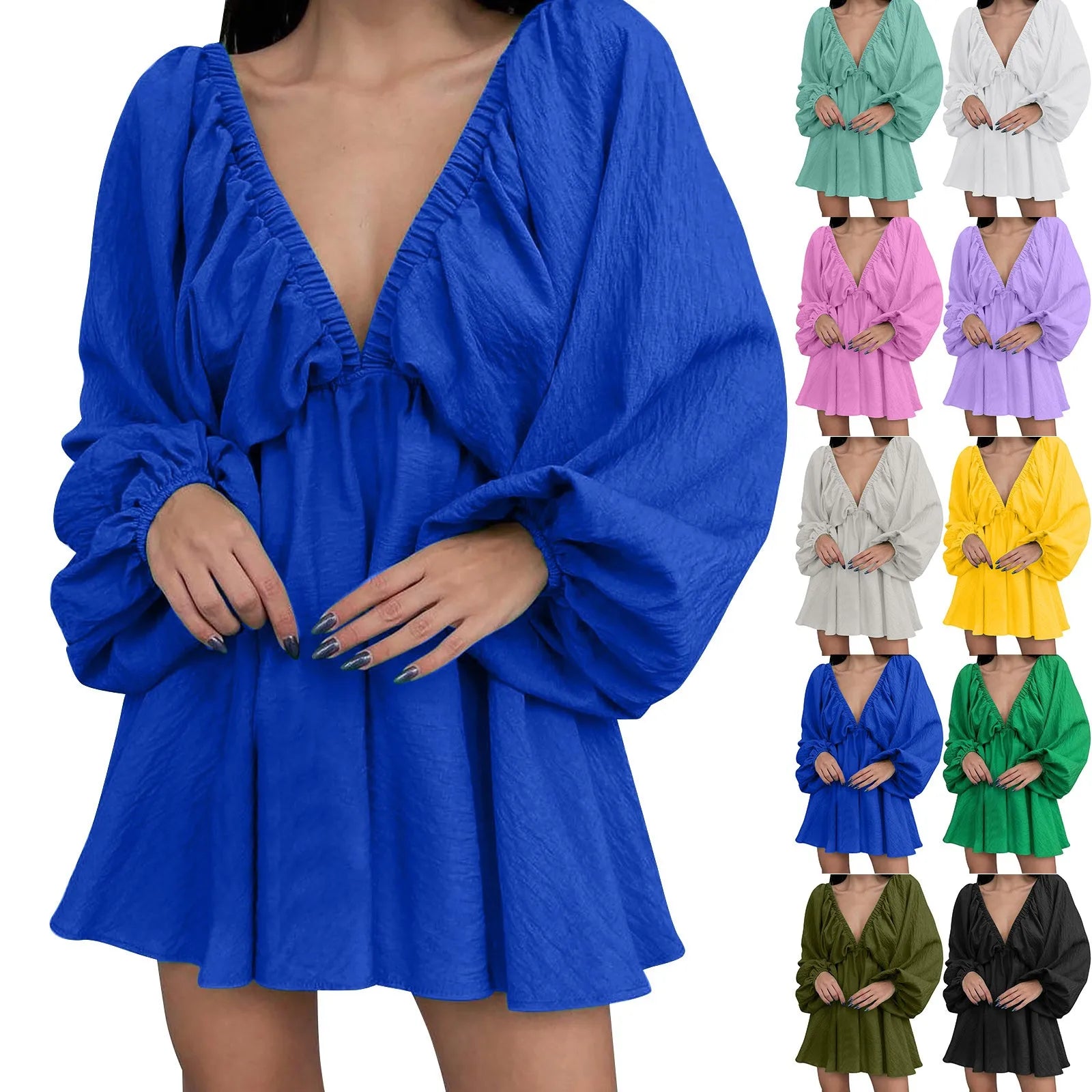 Women’s Deep V-Neck Pleated Wrap Dress – Elegant Long Sleeve Solid Casual