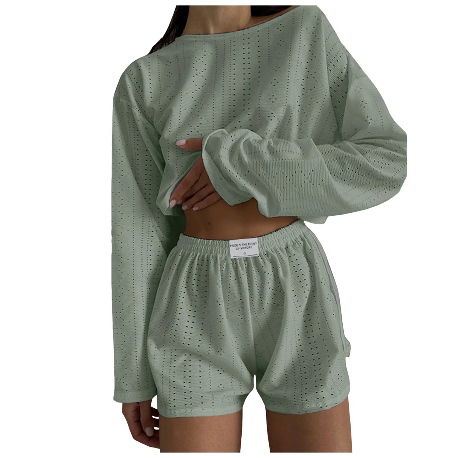 Women’s 2-Piece Casual Shorts Set – O-Neck Long Sleeve Lounge Co-ord Outfit