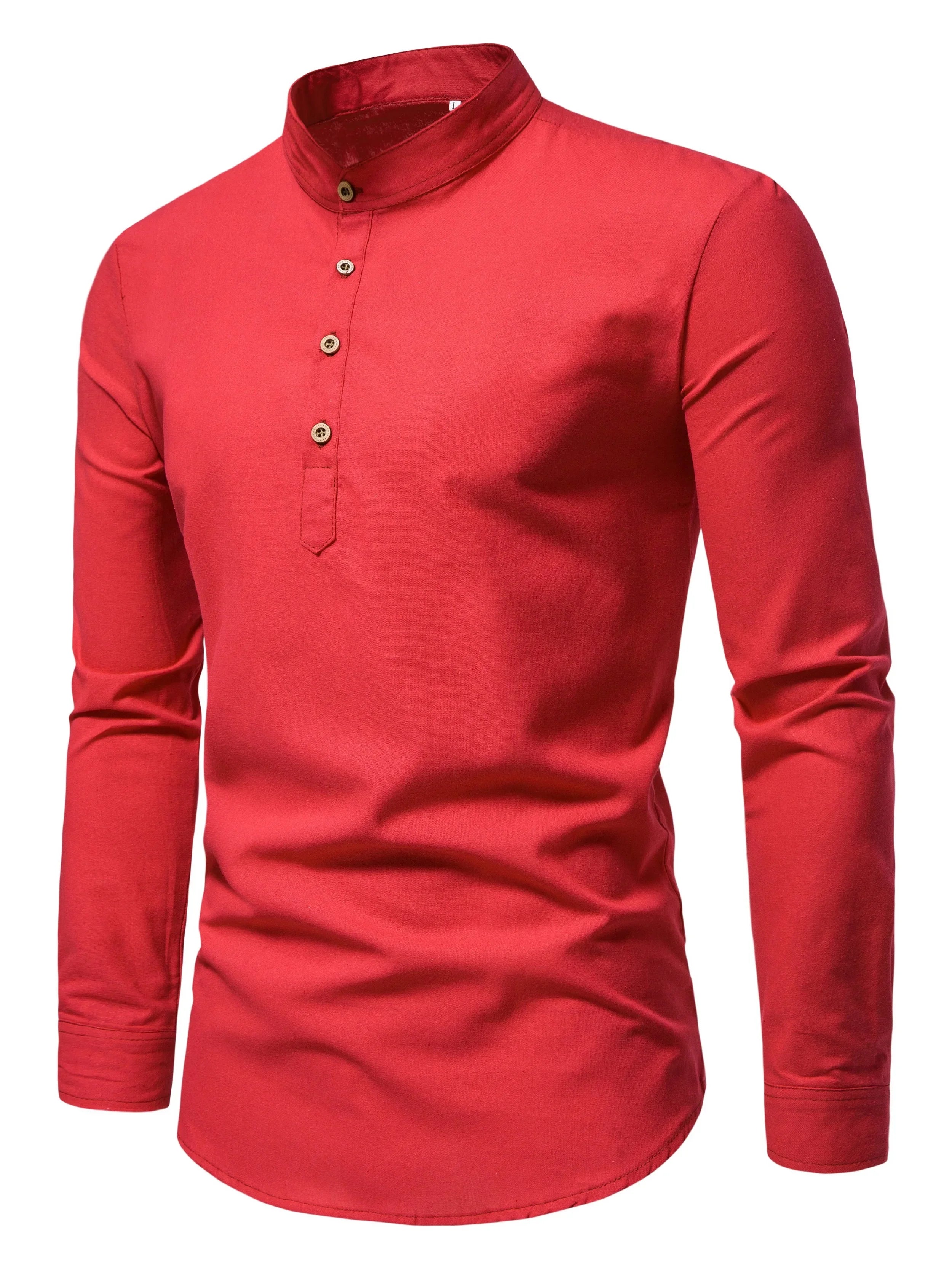 Men's Pure Cotton Slim Fit Stand Collar Shirt – Elegant Long Sleeve Spring Top
