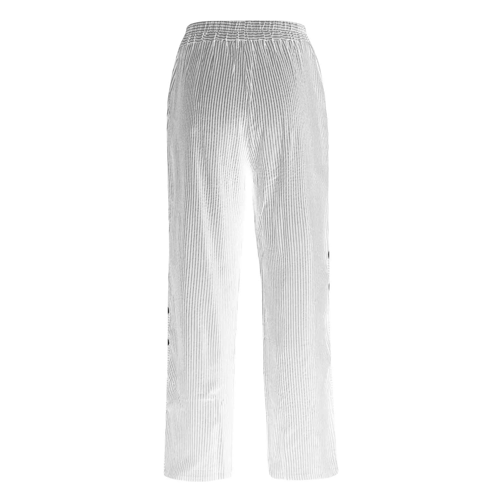 Women's Linen Wide Leg Pants – Striped High Waist Button Casual Yoga Trousers