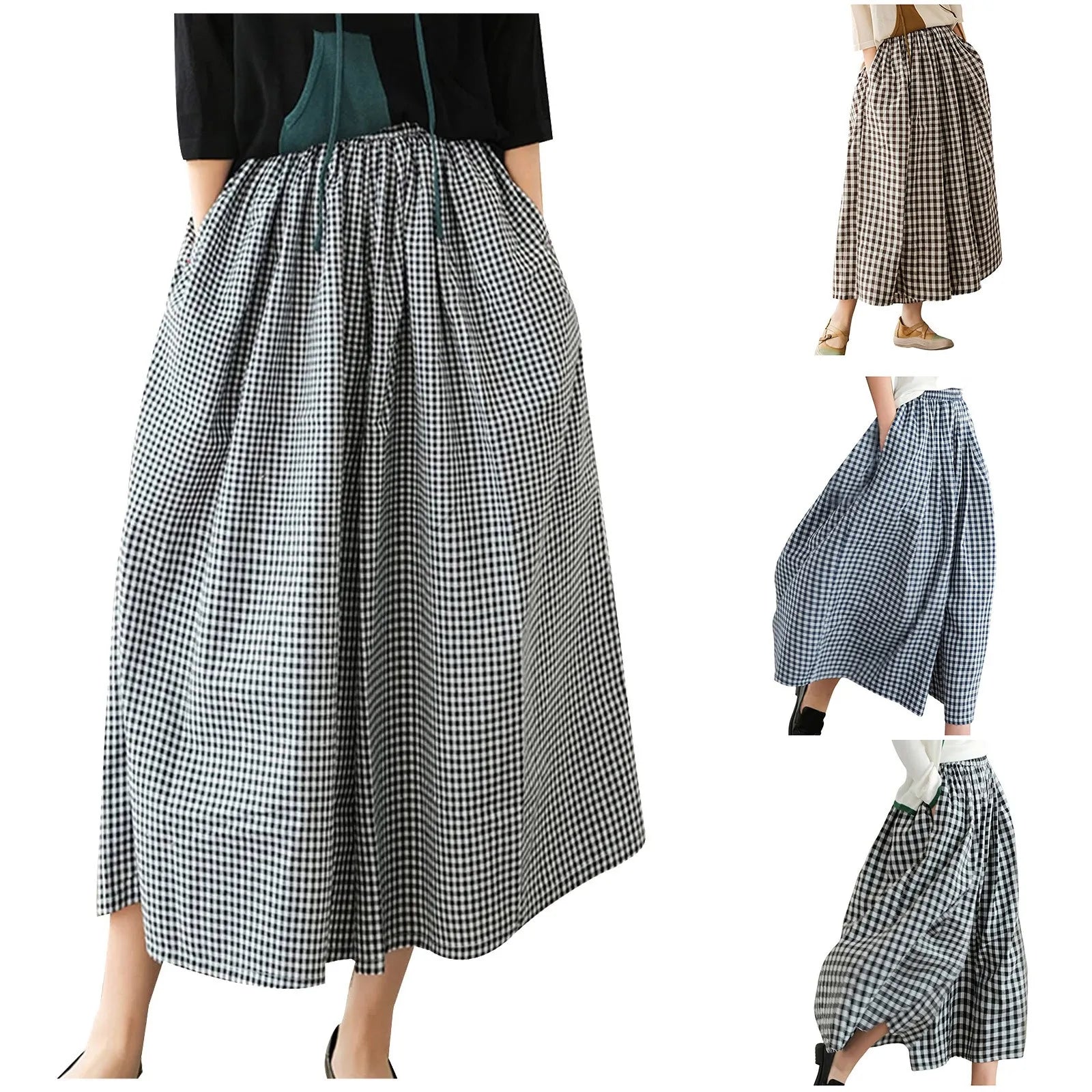Women’s High Waist Checkered Wide Leg Culotte Pants – A-Line Pocket Trousers