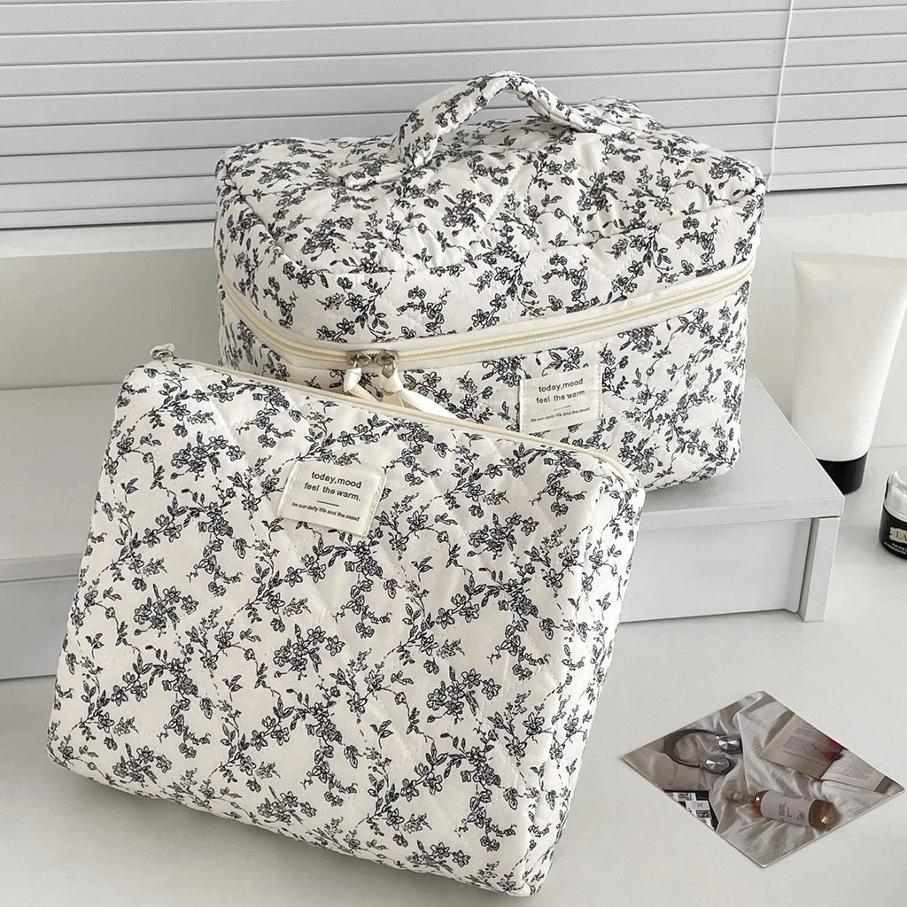Black Floral Quilted Makeup Tote Bag – Travel Cosmetic Handbag Organizer