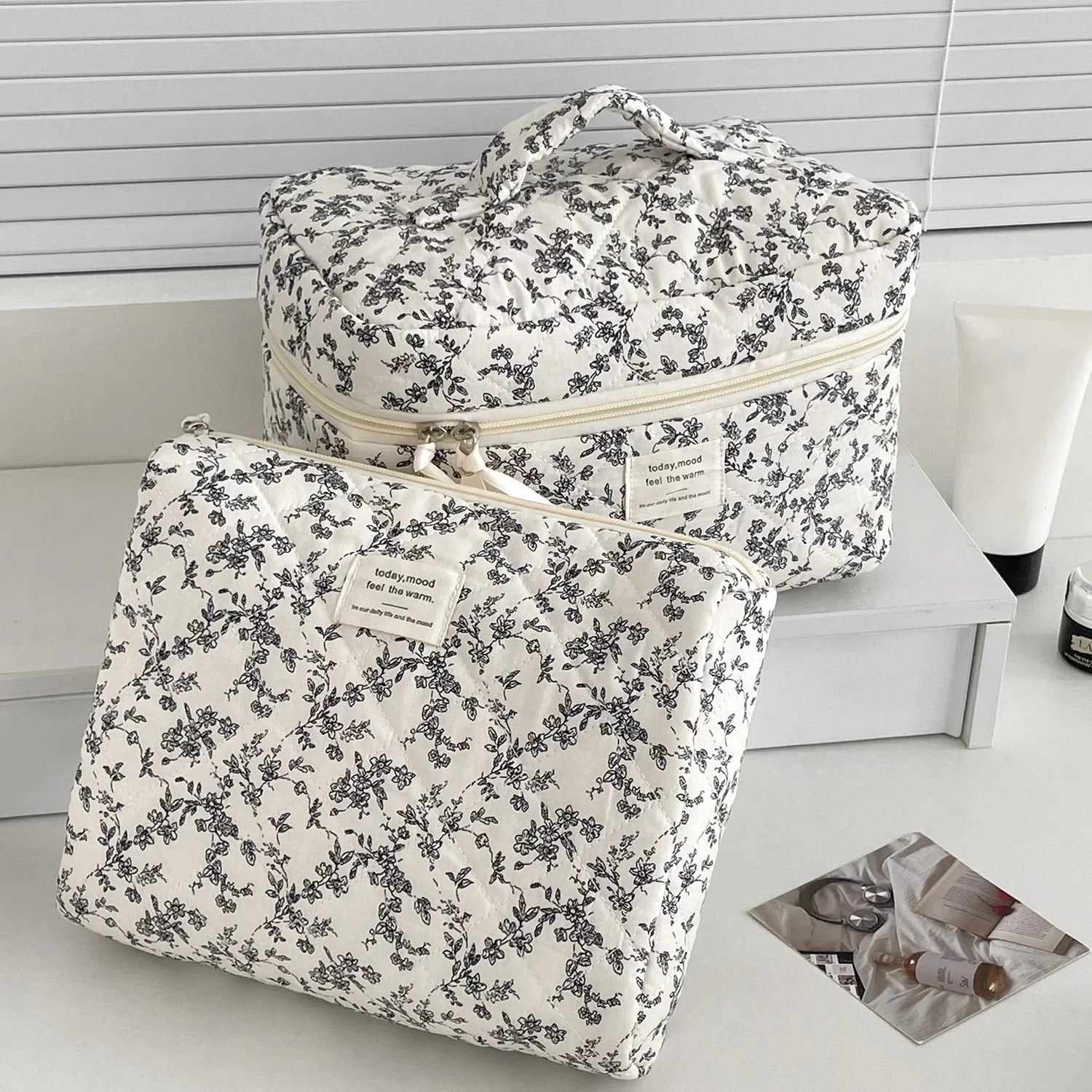 Black Floral Quilted Makeup Tote Bag – Travel Cosmetic Handbag Organizer