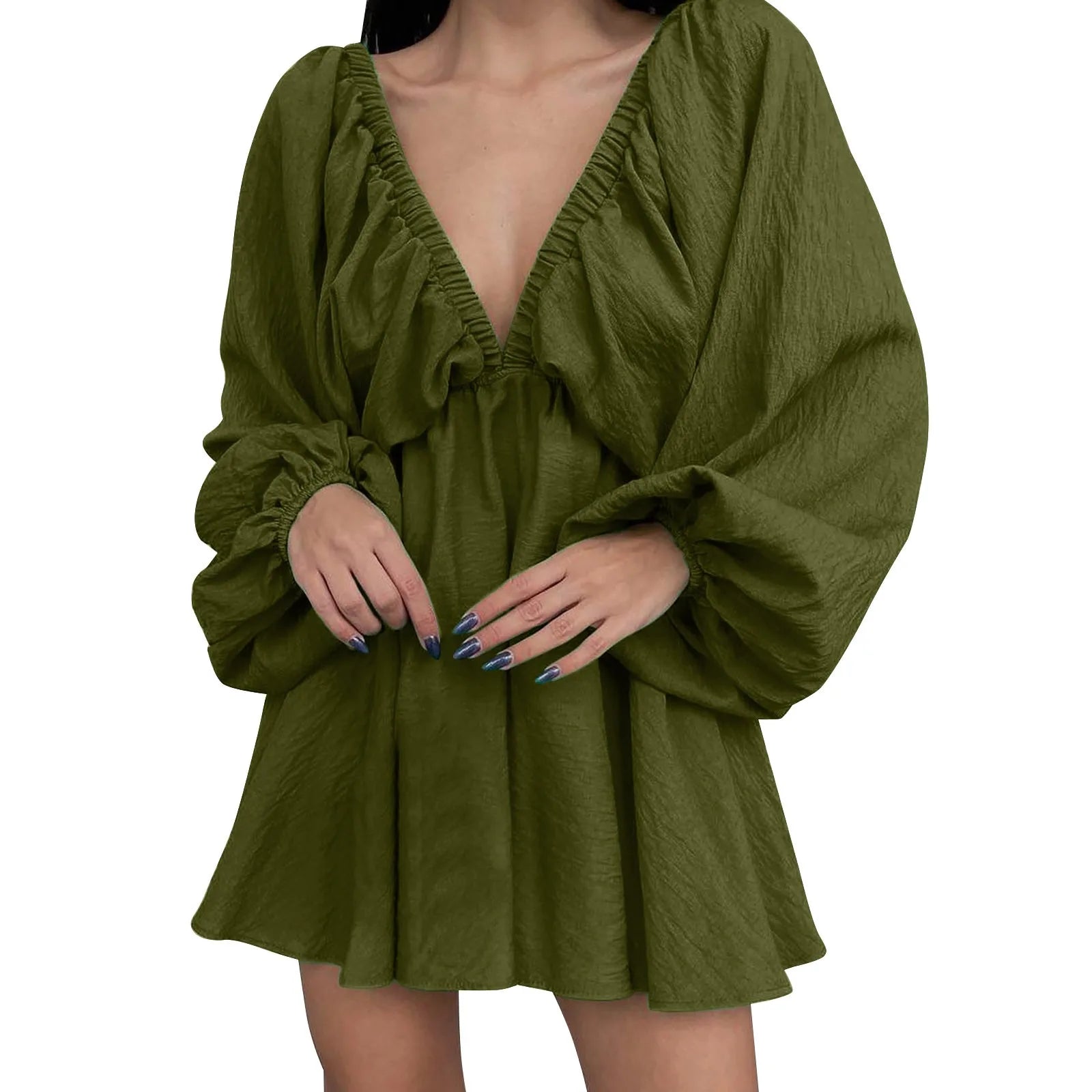 Women’s Deep V-Neck Pleated Wrap Dress – Elegant Long Sleeve Solid Casual
