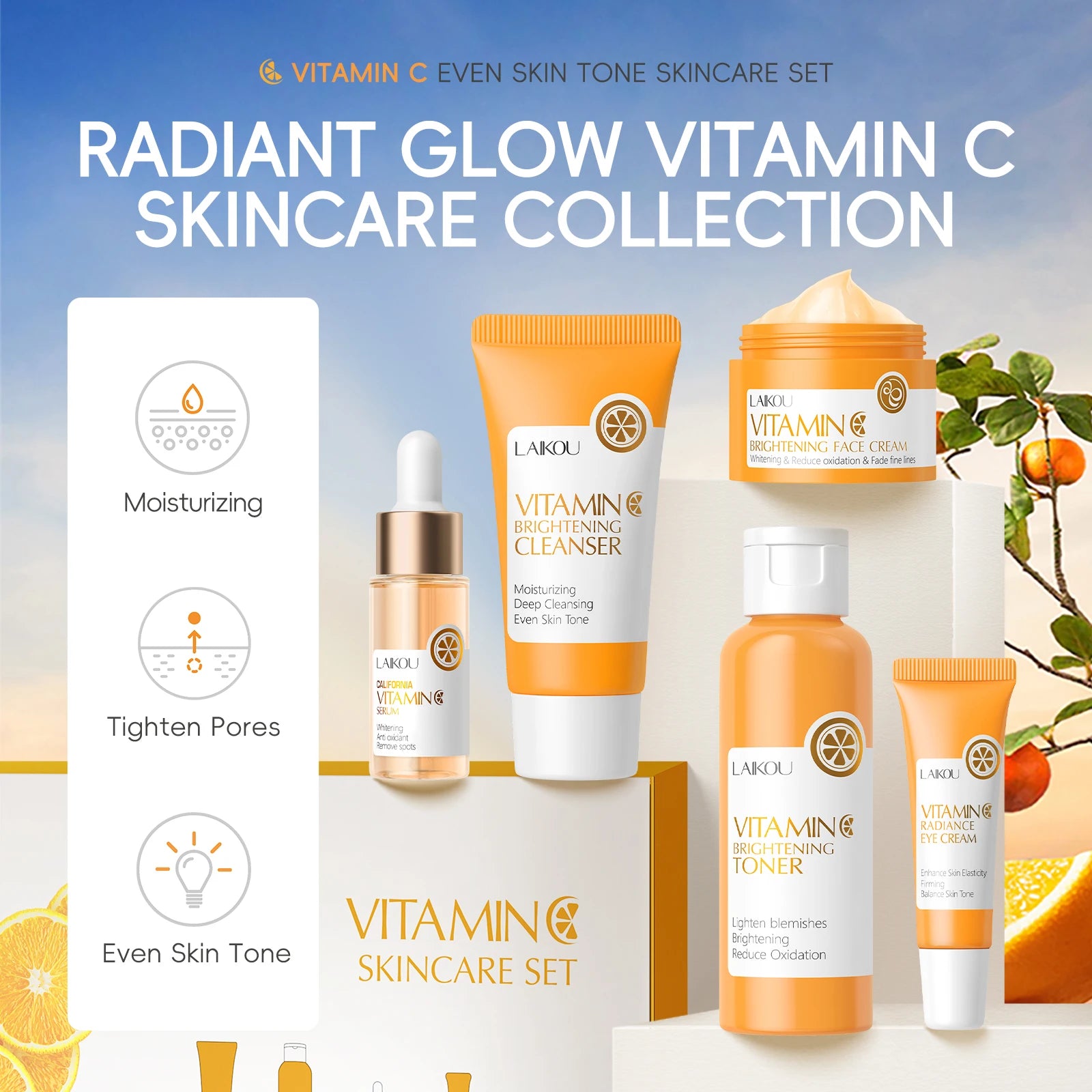 LAIKOU Vitamin C Brightening Skincare Set – 5-Piece Anti-Aging Glow Kit