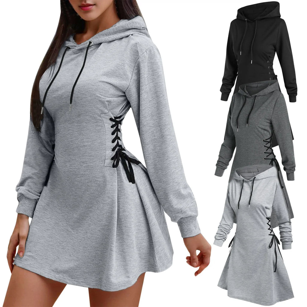 Women’s Hooded Sweatshirt Dress – Lace-Up Waist Long Sleeve Pullover Hoodie