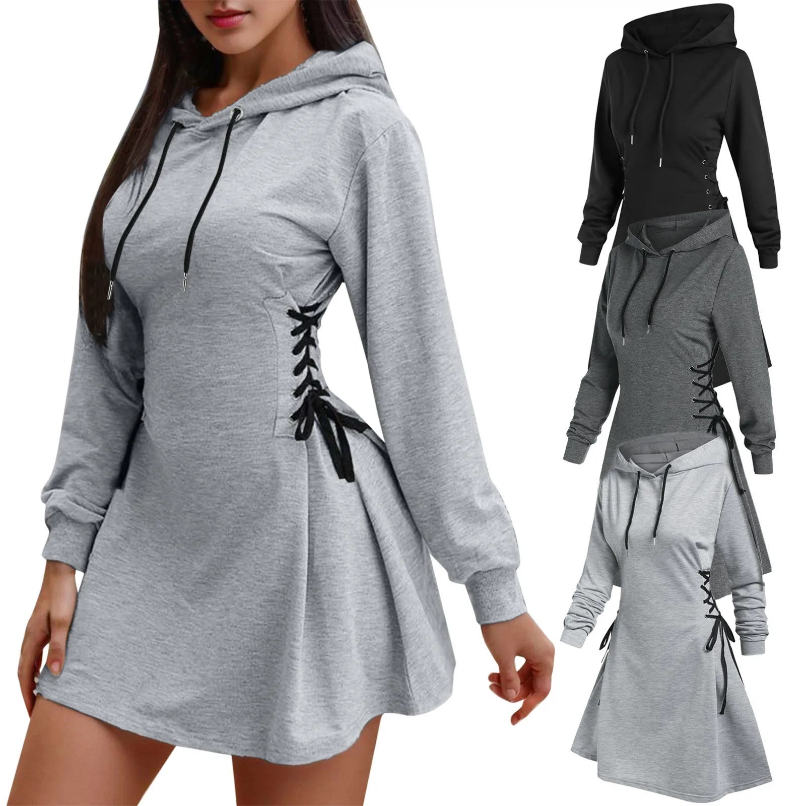 Women’s Hooded Sweatshirt Dress – Lace-Up Waist Long Sleeve Pullover Hoodie