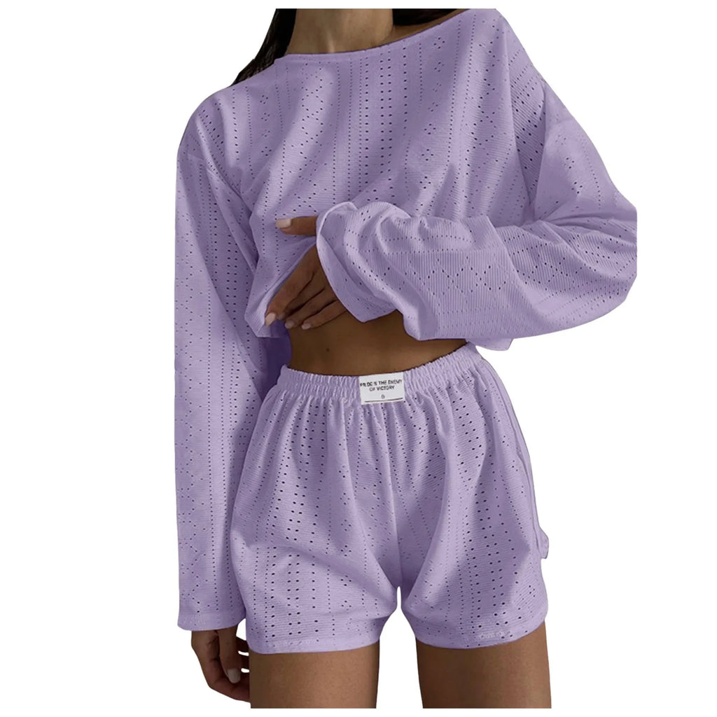 Women’s 2-Piece Casual Shorts Set – O-Neck Long Sleeve Lounge Co-ord Outfit