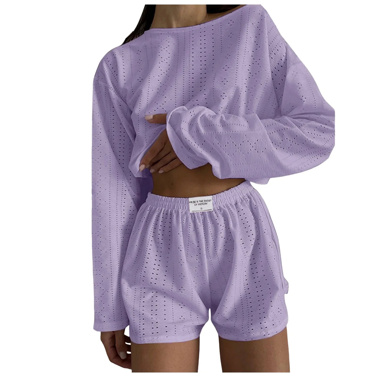 Women’s 2-Piece Casual Shorts Set – O-Neck Long Sleeve Lounge Co-ord Outfit