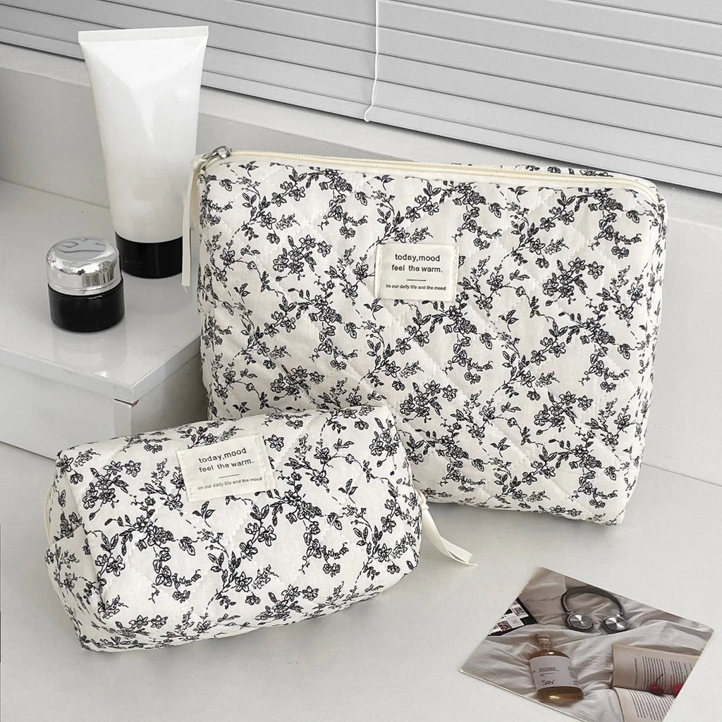 Black Floral Quilted Makeup Tote Bag – Travel Cosmetic Handbag Organizer