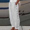 Women's Linen Wide Leg Pants – Striped High Waist Button Casual Yoga Trousers