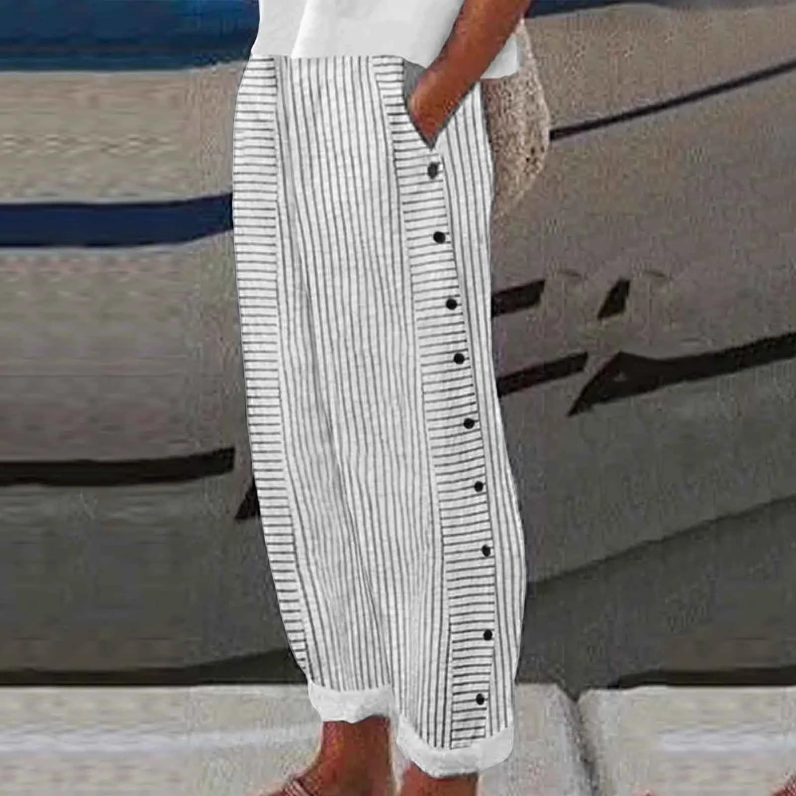 Women's Linen Wide Leg Pants – Striped High Waist Button Casual Yoga Trousers