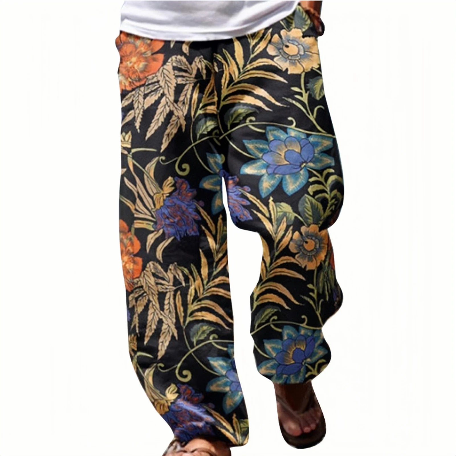 Men’s Floral Print Cargo Jogger Pants – Multi-Pocket Streetwear Hip-Hop Style