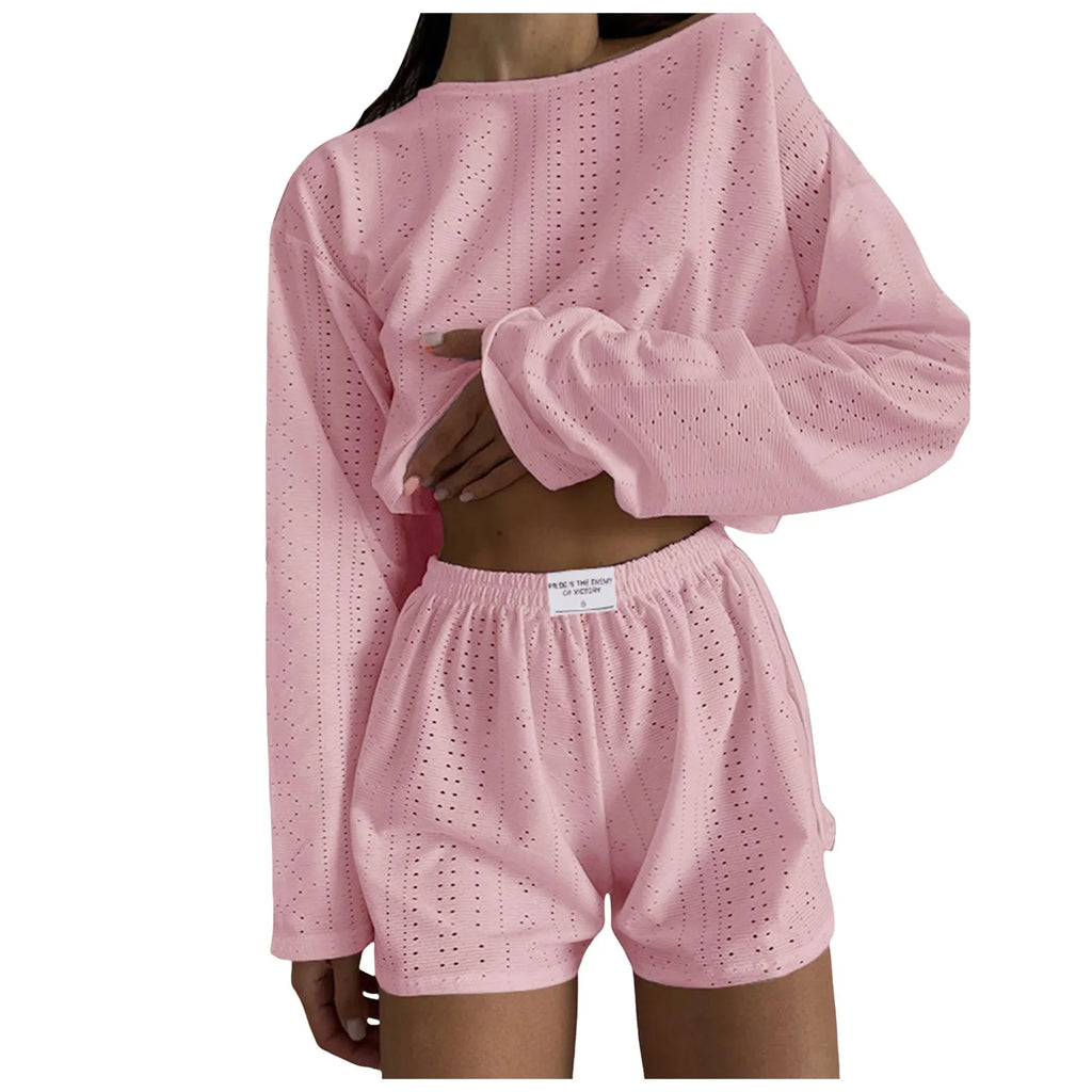 Women’s 2-Piece Casual Shorts Set – O-Neck Long Sleeve Lounge Co-ord Outfit