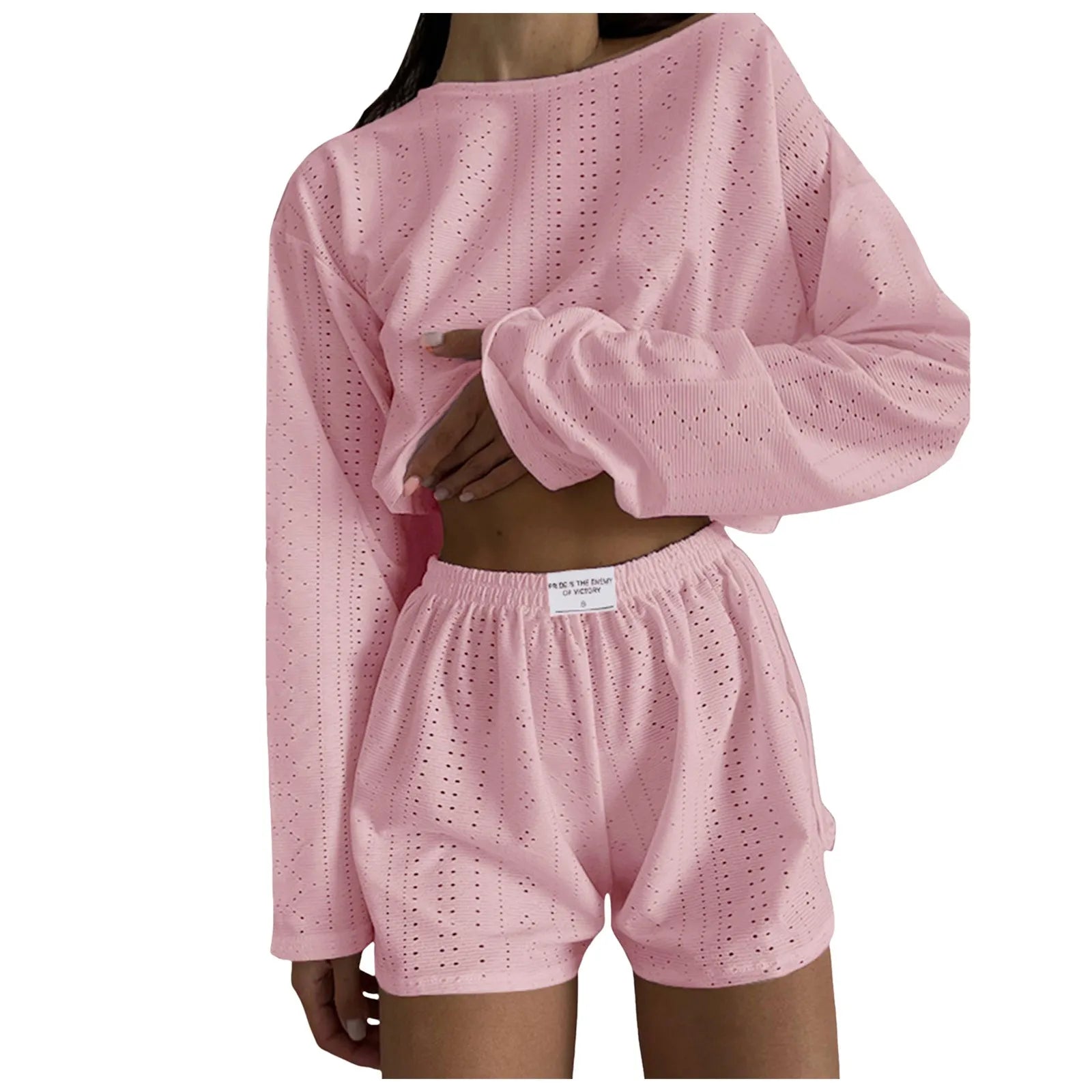 Women’s 2-Piece Casual Shorts Set – O-Neck Long Sleeve Lounge Co-ord Outfit