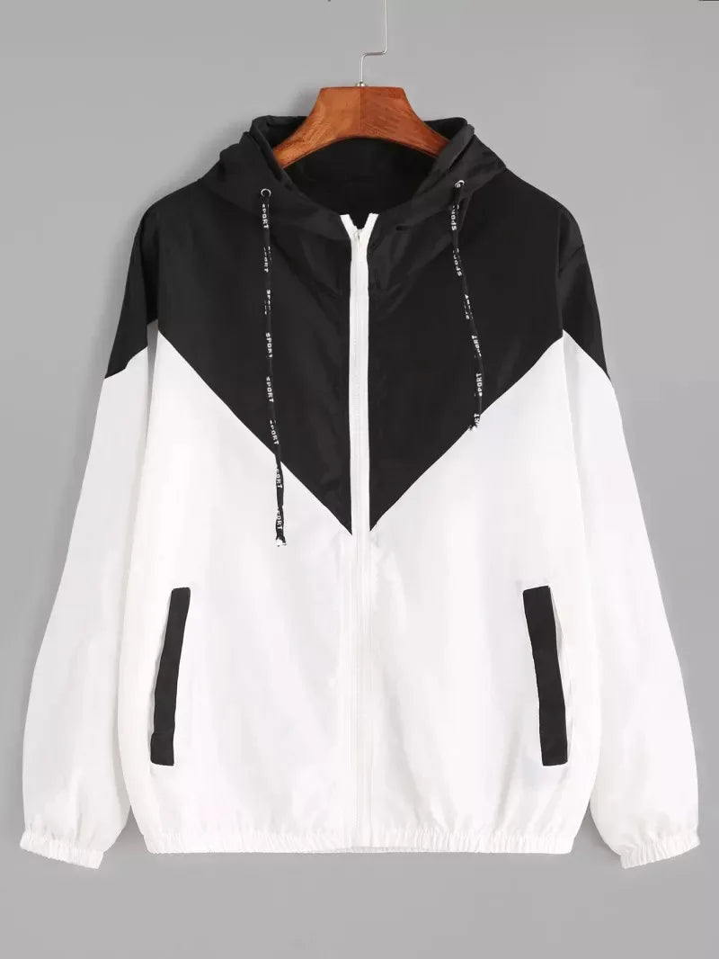 Hooded Patchwork Running Jacket – Lightweight Zip-Up Sport Outwear Coat