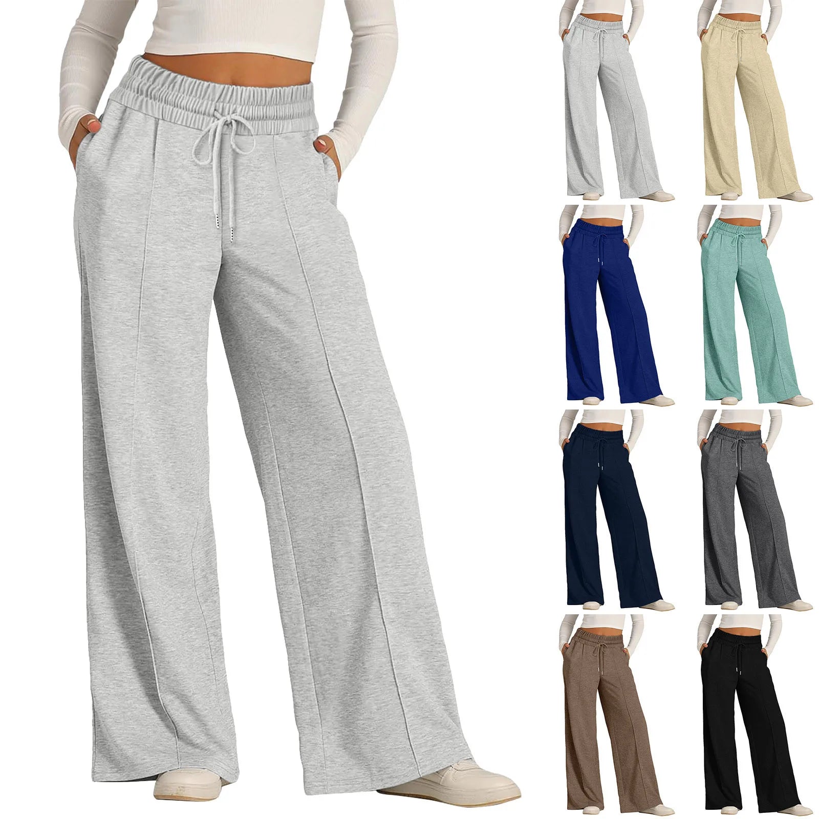 Women’s Casual Wide Leg Tie Jogger Pants – Loose Palazzo Spaghetti Strap Sweatpants