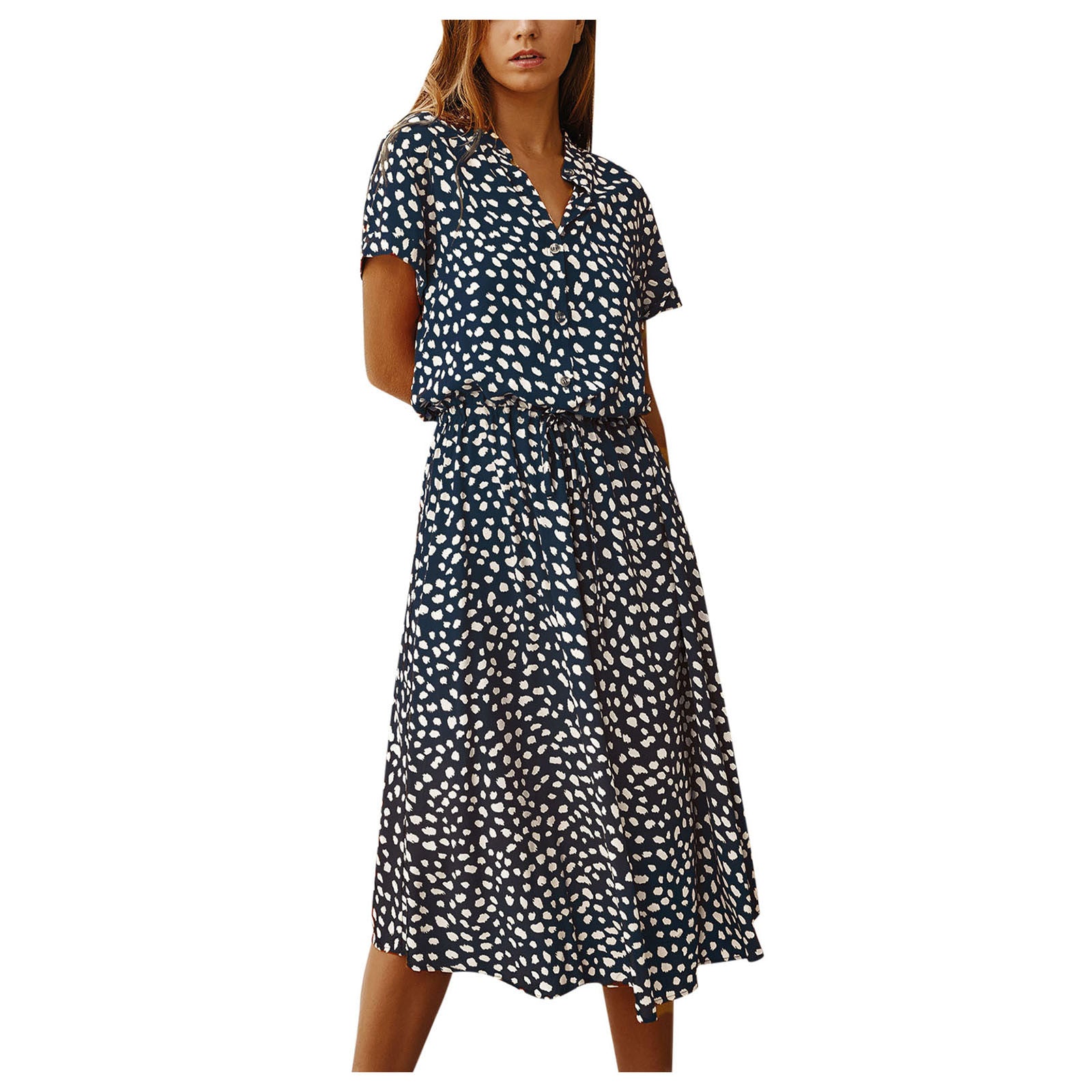 Women’s Polka Dot Button Summer Dress – Drawstring High Waist Knee Length