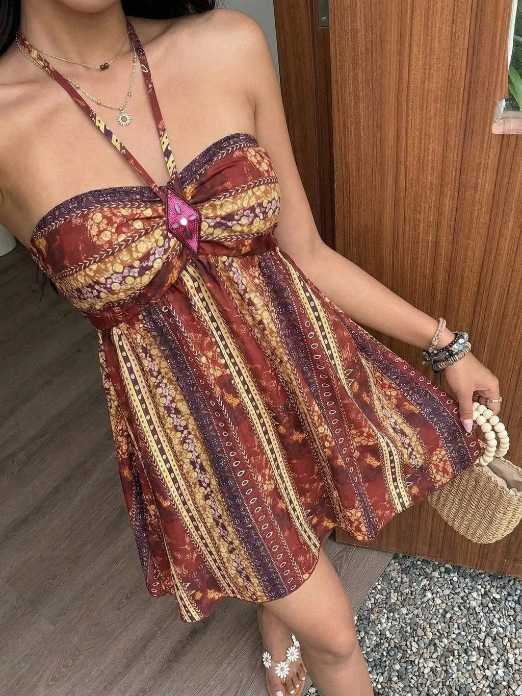 Bohemian Paisley Sequin Halter Mini Dress – Women’s Retro Summer Party Dress