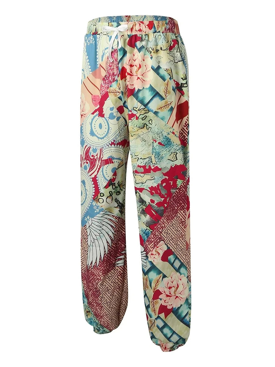 Men’s Floral Print Cargo Jogger Pants – Multi-Pocket Streetwear Hip-Hop Style
