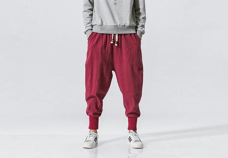 Men’s Cotton Linen Harem Jogger Pants – Baggy Drop-Crotch Streetwear Trousers
