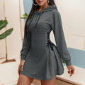 Women’s Hooded Sweatshirt Dress – Lace-Up Waist Long Sleeve Pullover Hoodie