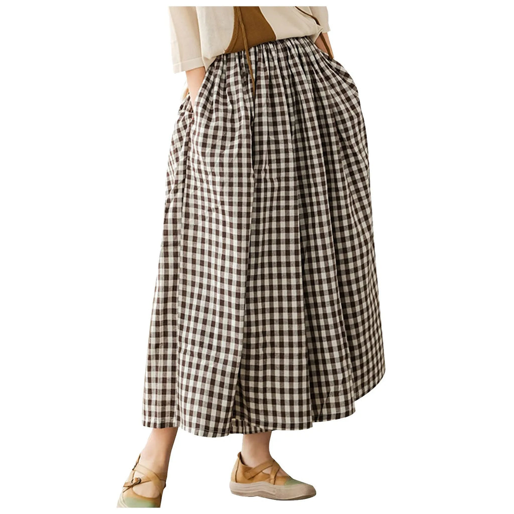 Women’s High Waist Checkered Wide Leg Culotte Pants – A-Line Pocket Trousers