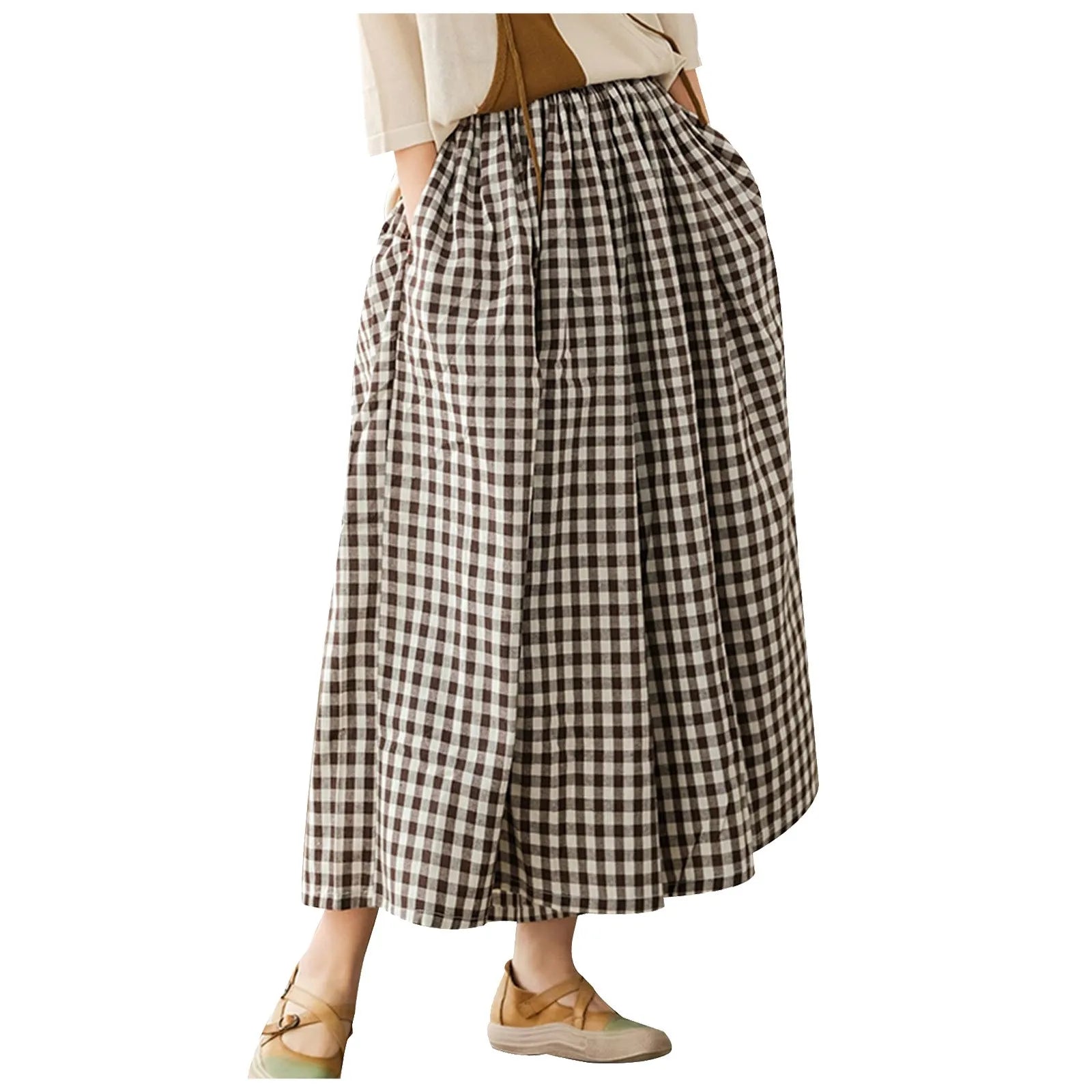 Women’s High Waist Checkered Wide Leg Culotte Pants – A-Line Pocket Trousers