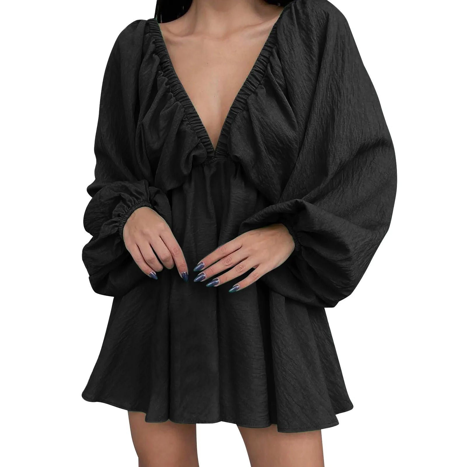 Women’s Deep V-Neck Pleated Wrap Dress – Elegant Long Sleeve Solid Casual