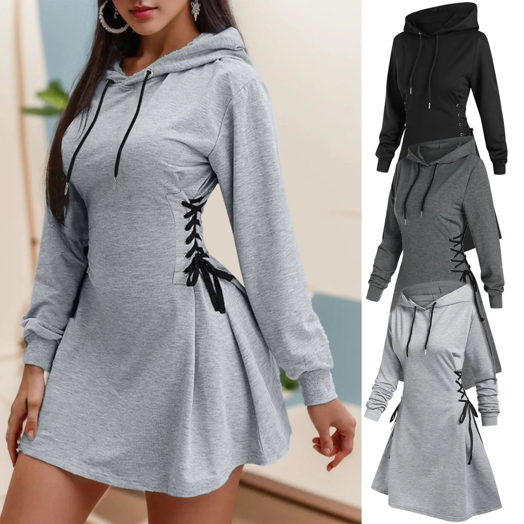 Women’s Hooded Sweatshirt Dress – Lace-Up Waist Long Sleeve Pullover Hoodie