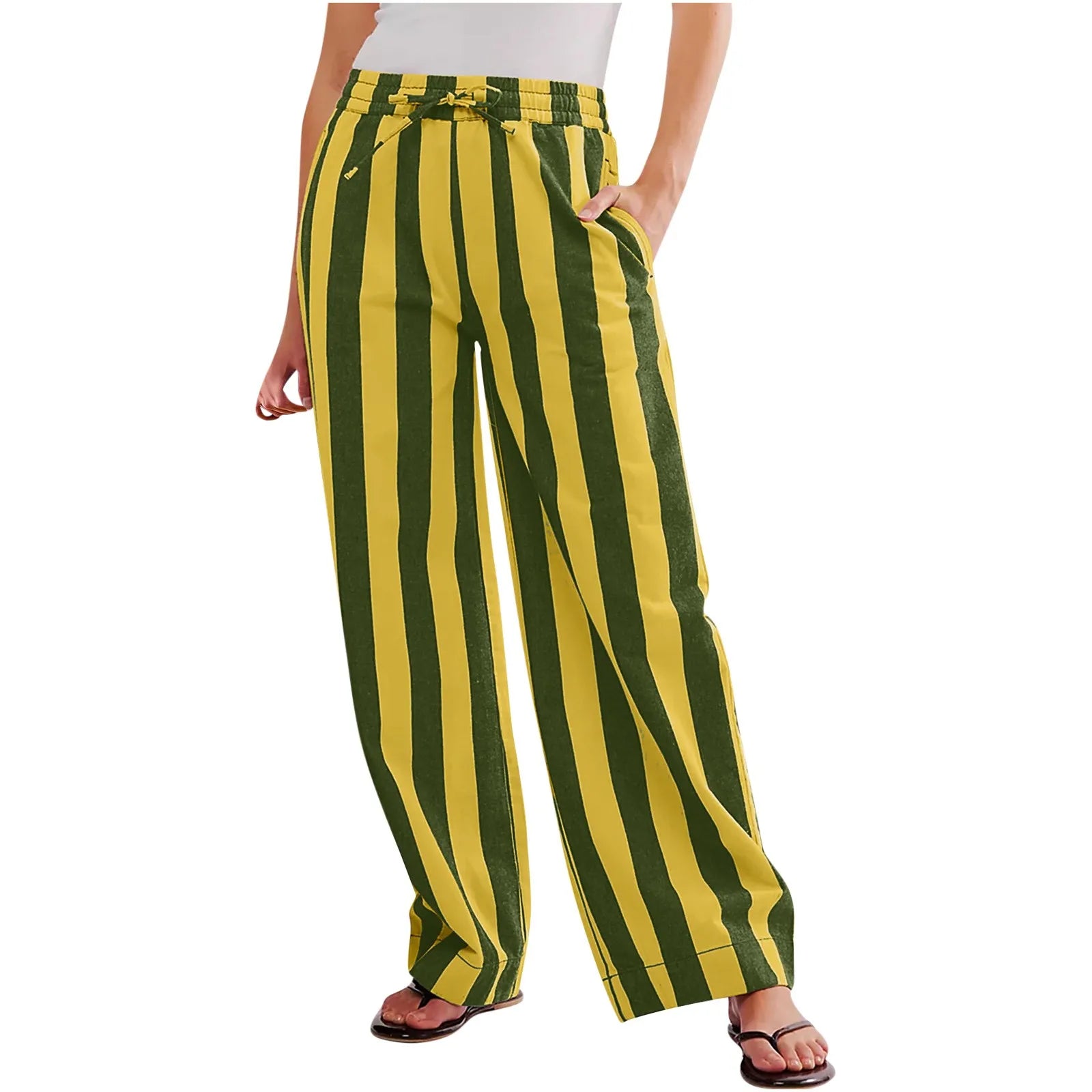 Women’s Striped High Waist Wide Leg Palazzo Pants – Color Block Lounge Trousers